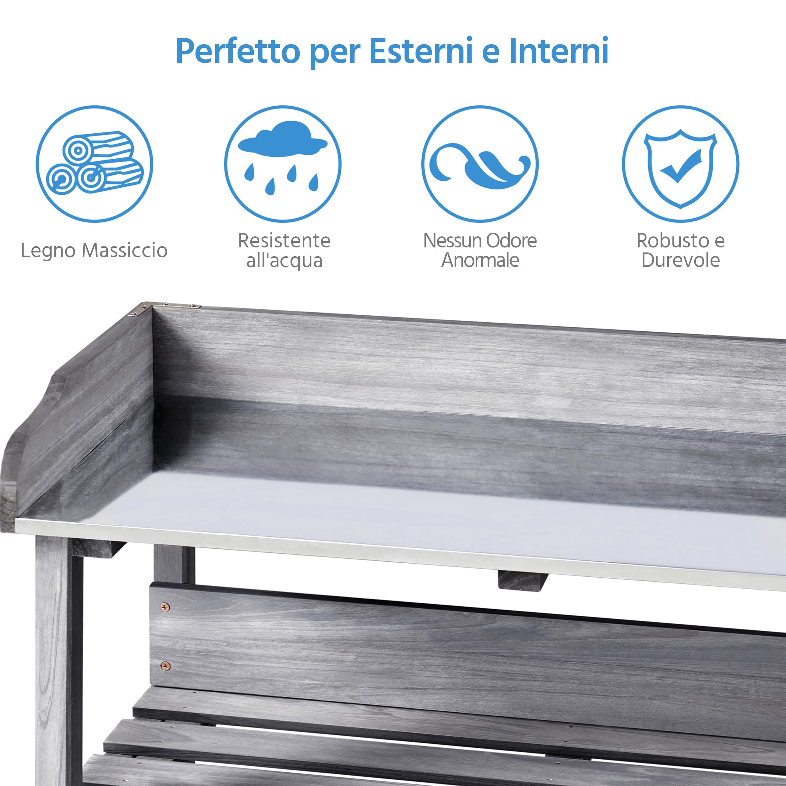 Yaheetech Tavolo da Giardino per Piante in Legno con Gancio Spazioso Banco da Lavoro con Piano in Metallo per Giardinaggio 77 x 37 x 90 cm Grigio