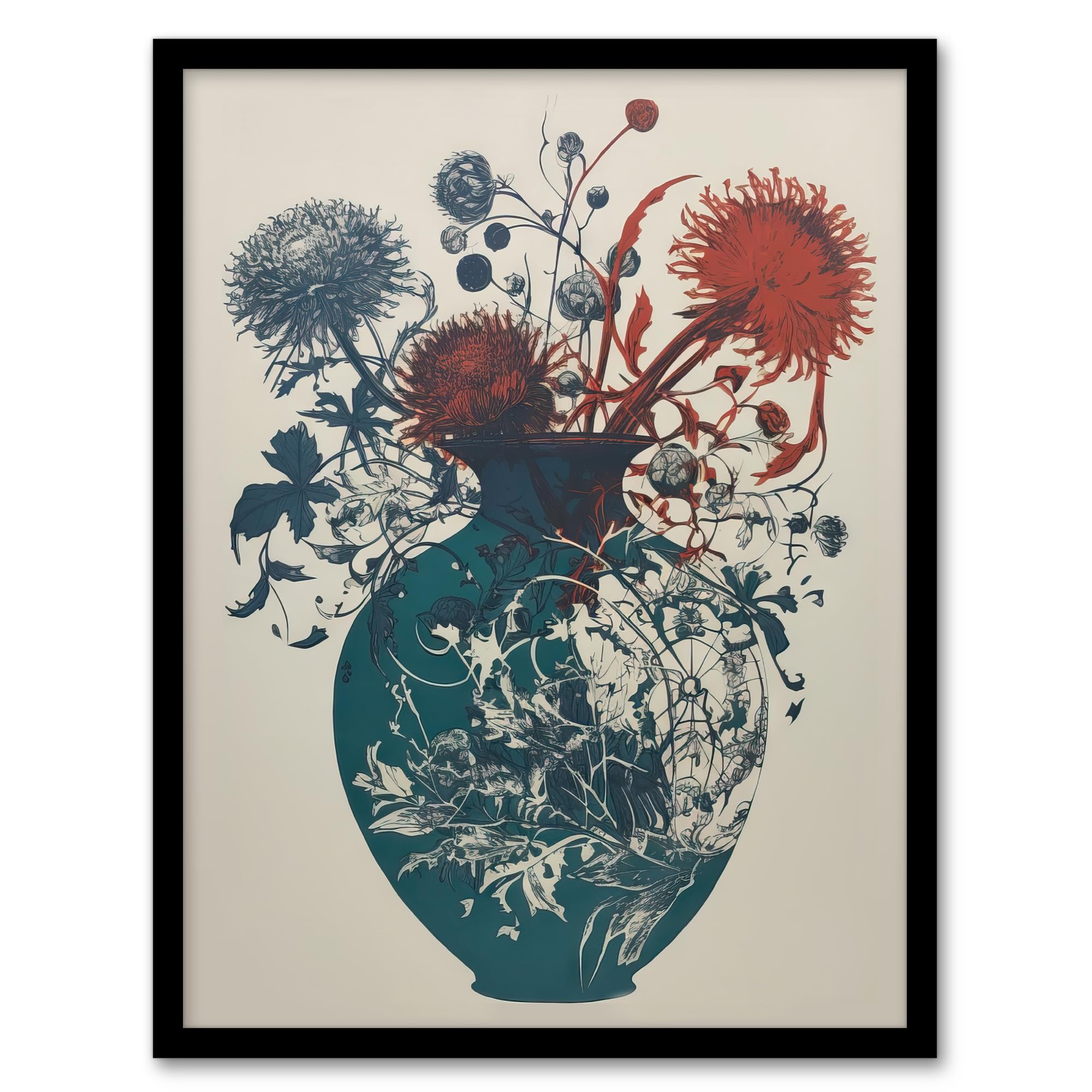 Artery8 Abstract Thistle Flowers Artistic Linocut Painting Teal Blue Red Scottish Bouquet Nature Colourful Bright Floral Modern Artwork Artwork Framed Wall Art Print A4