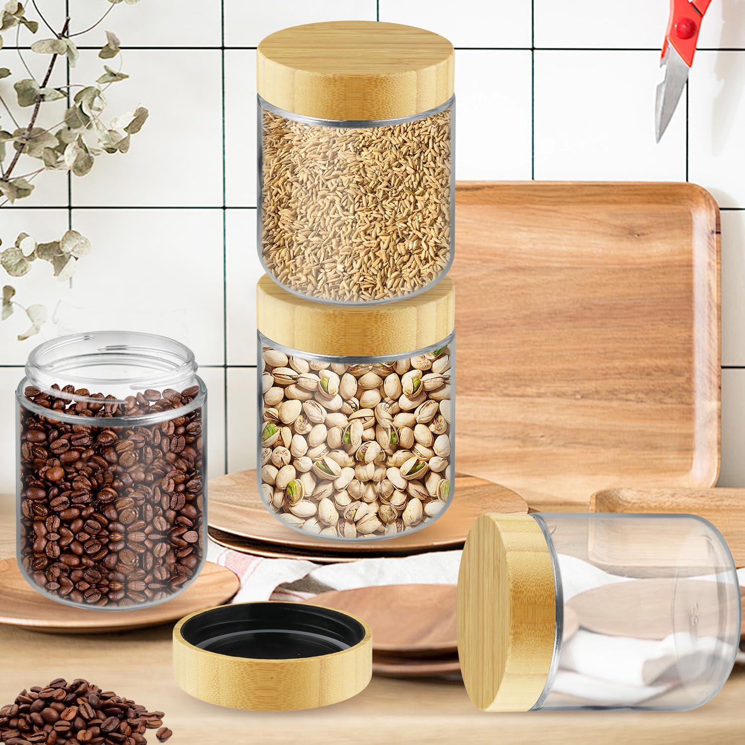 4 tarros de vidrio de boca ancha para almacenamiento de alimentos, recipientes de avena durante la noche con tapas de bambú para aperitivos, yogur en polvo, líquido, 480 ml
