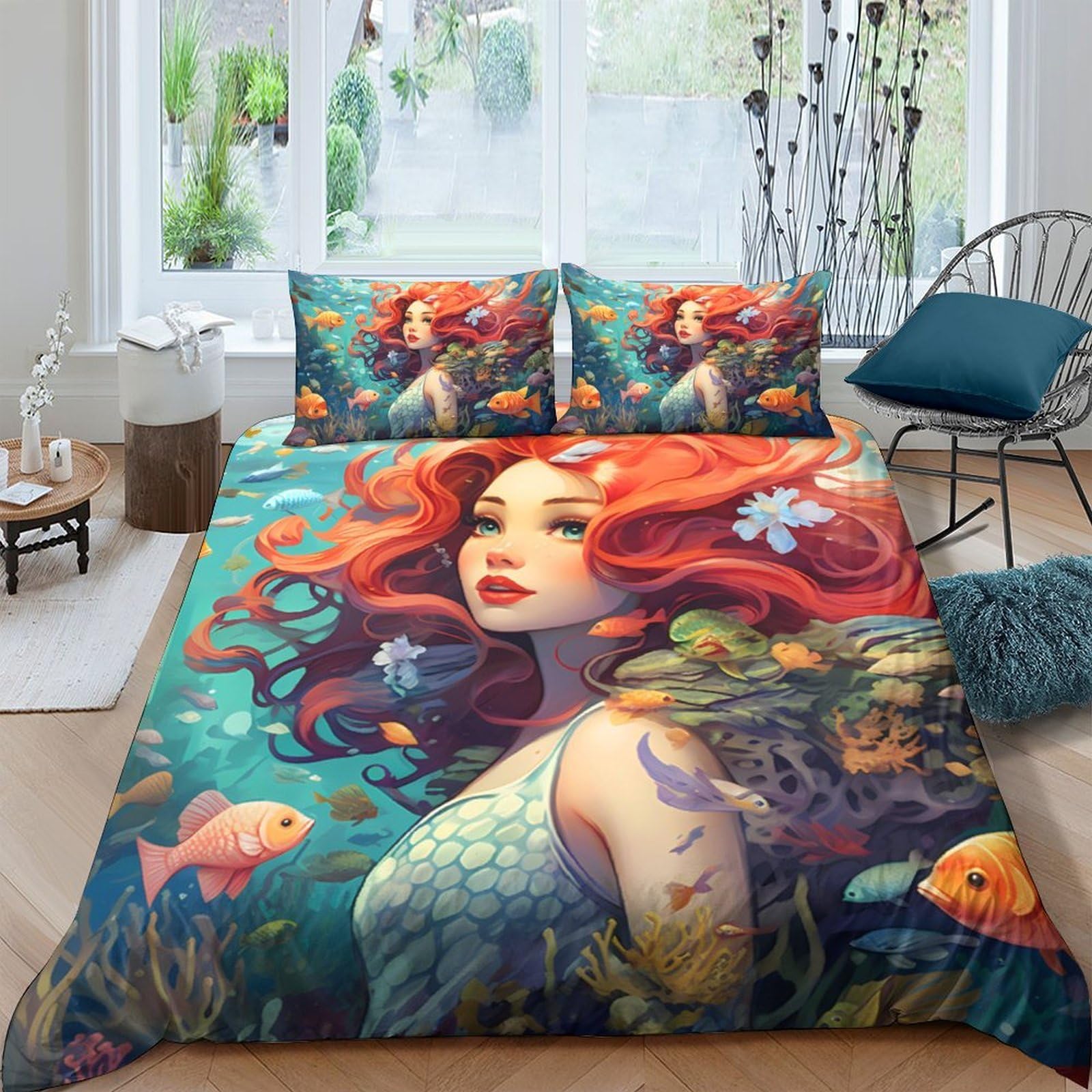 Ctjqhvkz Style-7 3D Printed Mermaid Underwater Fitted Sheet Microfiber Soft Vibrant Red Hair Ocean Mattress Cover For Bedroom Decor Single（135X200cm）