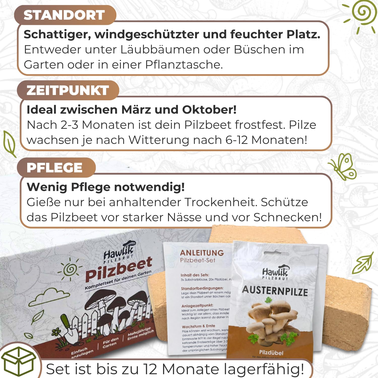 Hawlik Pilzbrut - Pleurote Kit de culture de champignons pour le jardin - Un jeu d'enfant pour créer votre propre champignonnière et récolter des pleurotes fraîches - Kit champignon