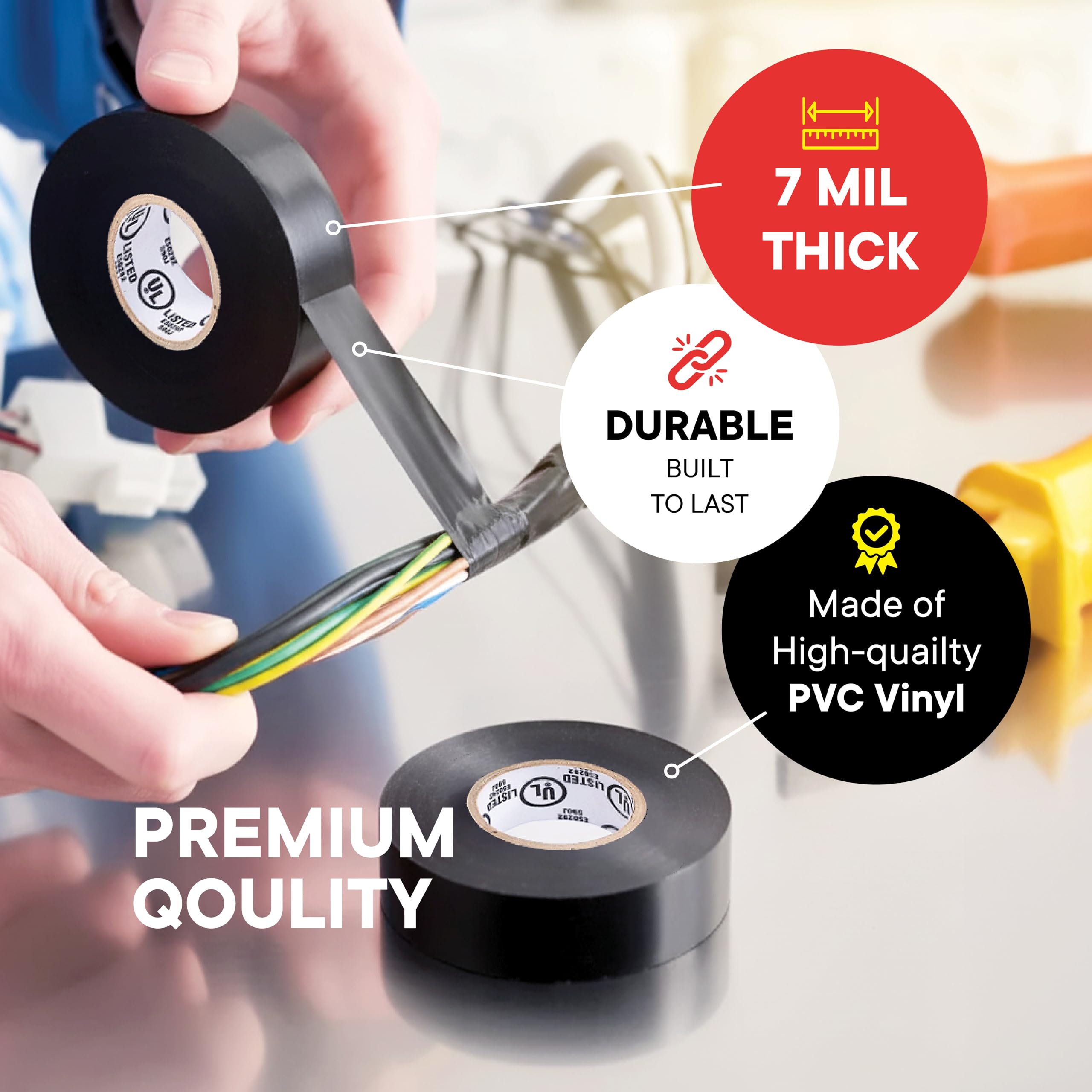 TAPEWELL Nastro elettrico nero, grado professionale 3/4 pollici x 66 piedi, nastro isolante elettrico in PVC per tutte le condizioni atmosferiche, approvato U/L, impermeabile, apparecchiature