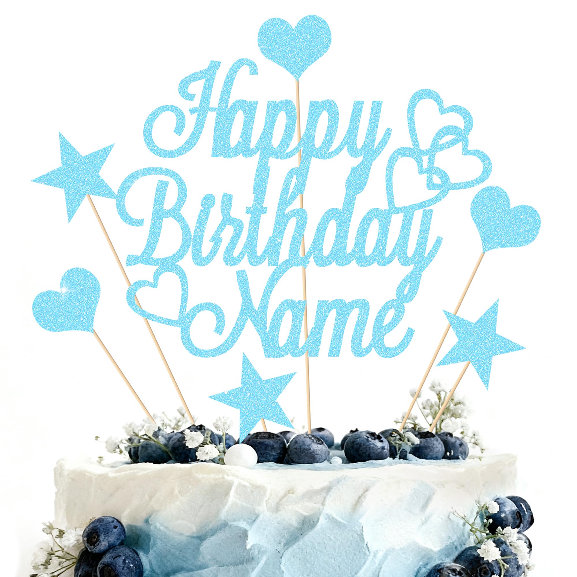 Personalised Happy Birthday Cake Topper | Customized Name Cake Decoration | Double Sided Glitter Card | Baby Blue