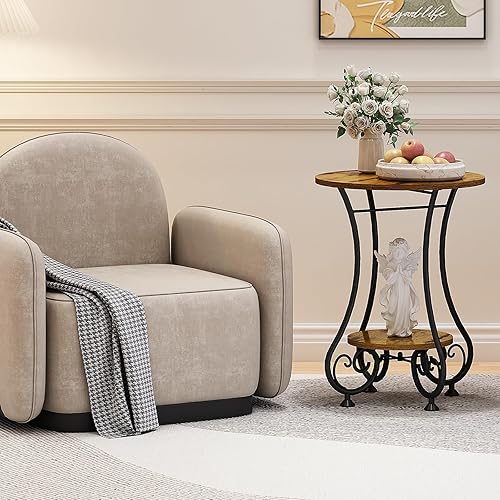 Miniatura 8 de Mesa auxiliar, pequeña mesa auxiliar redonda con estante inferior para espacios pequeños, sofá portátil, mesa de café, mesita de noche con marco de