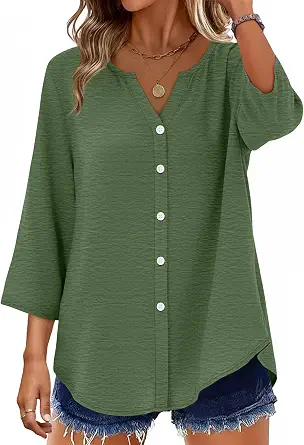  Button Down Shirts for Women 3/4 Length Sleeve Tops V Neck Blouses Business Casual Outfits Loose Fit