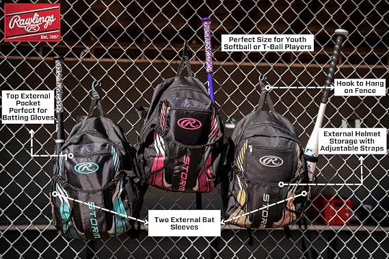 Rawlings | Storm Backpack Equipment Bag | Girls T-Ball/Youth Baseball & Softball | Multiple Colors