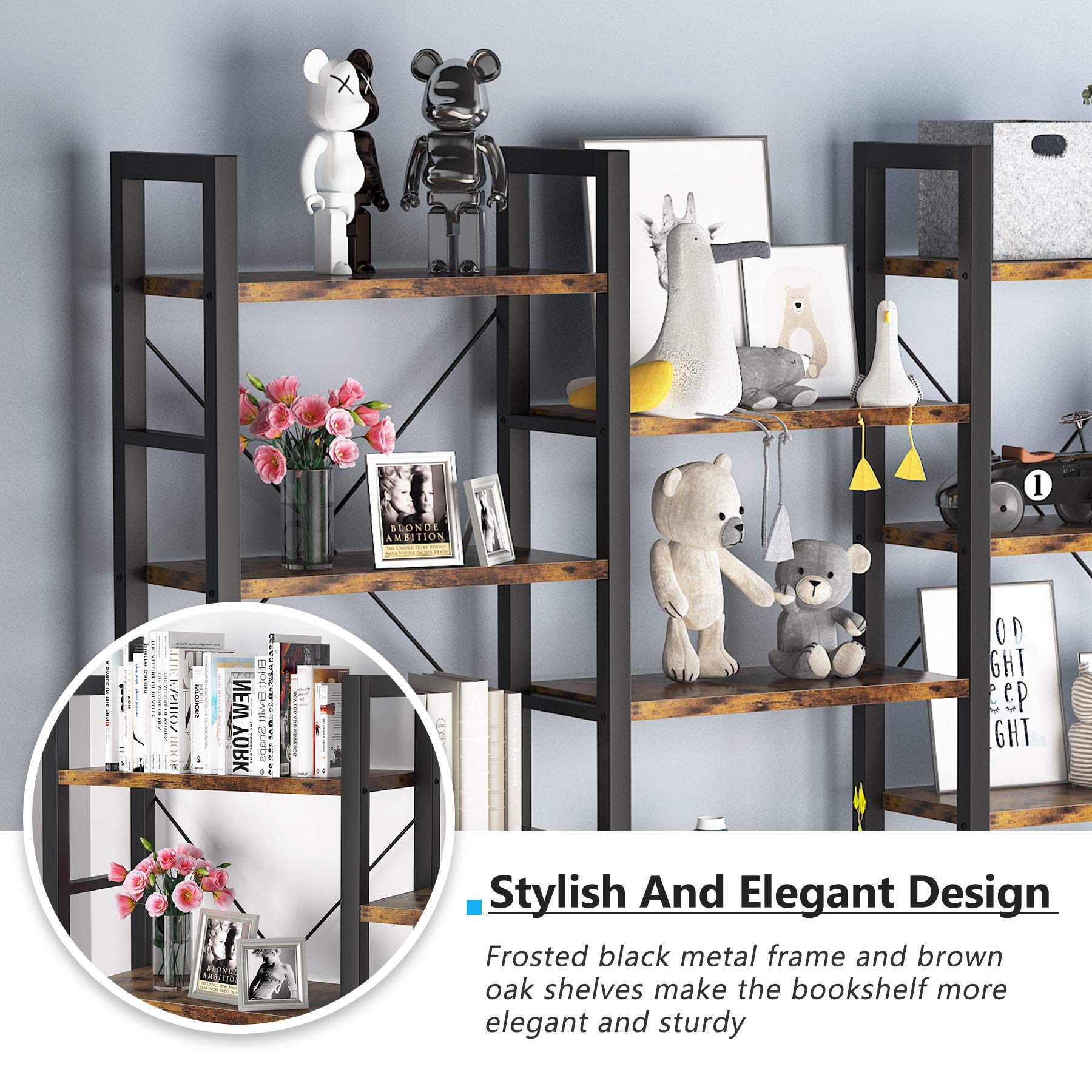 Tribesigns 5 Tier Bookshelf, Bookcase, Industrial Free Standing Display