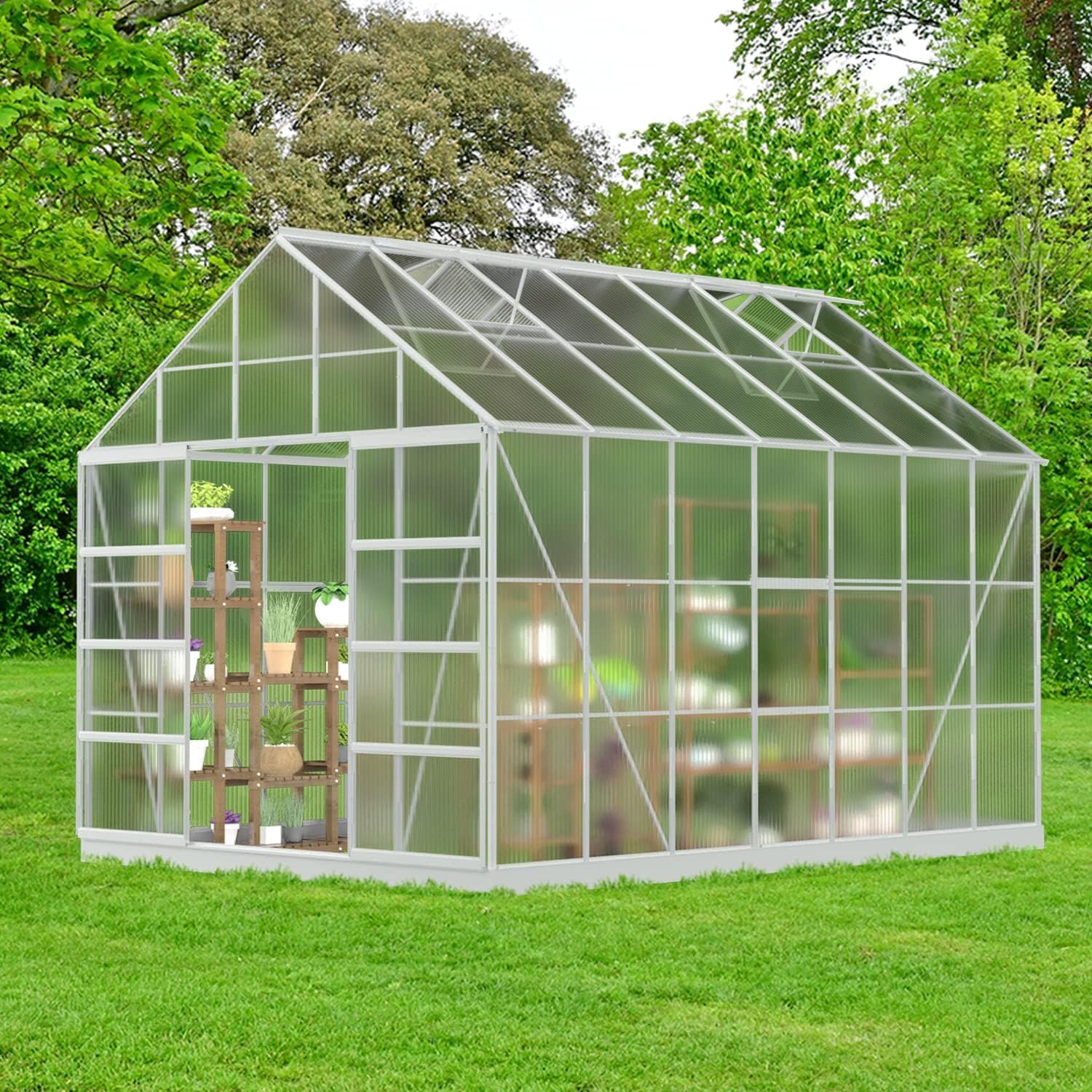 EROMMY Outdoor Walk-in Hobby Greenhouse for Plants, Polycarbonate Aluminum Green House with Adjustable Roof Vent and Sliding Door for Backyard Garden in Winter (14' x 10' x 10.3')