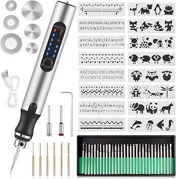 Electric Engraving Pen Tool can be Engraved on Metal, Glass, Ceramic, Wood, Engraving Pen Tool Kit with 16 templates Suitable for DIY Creation, Crafts, Personalized Accessories and Gifts White