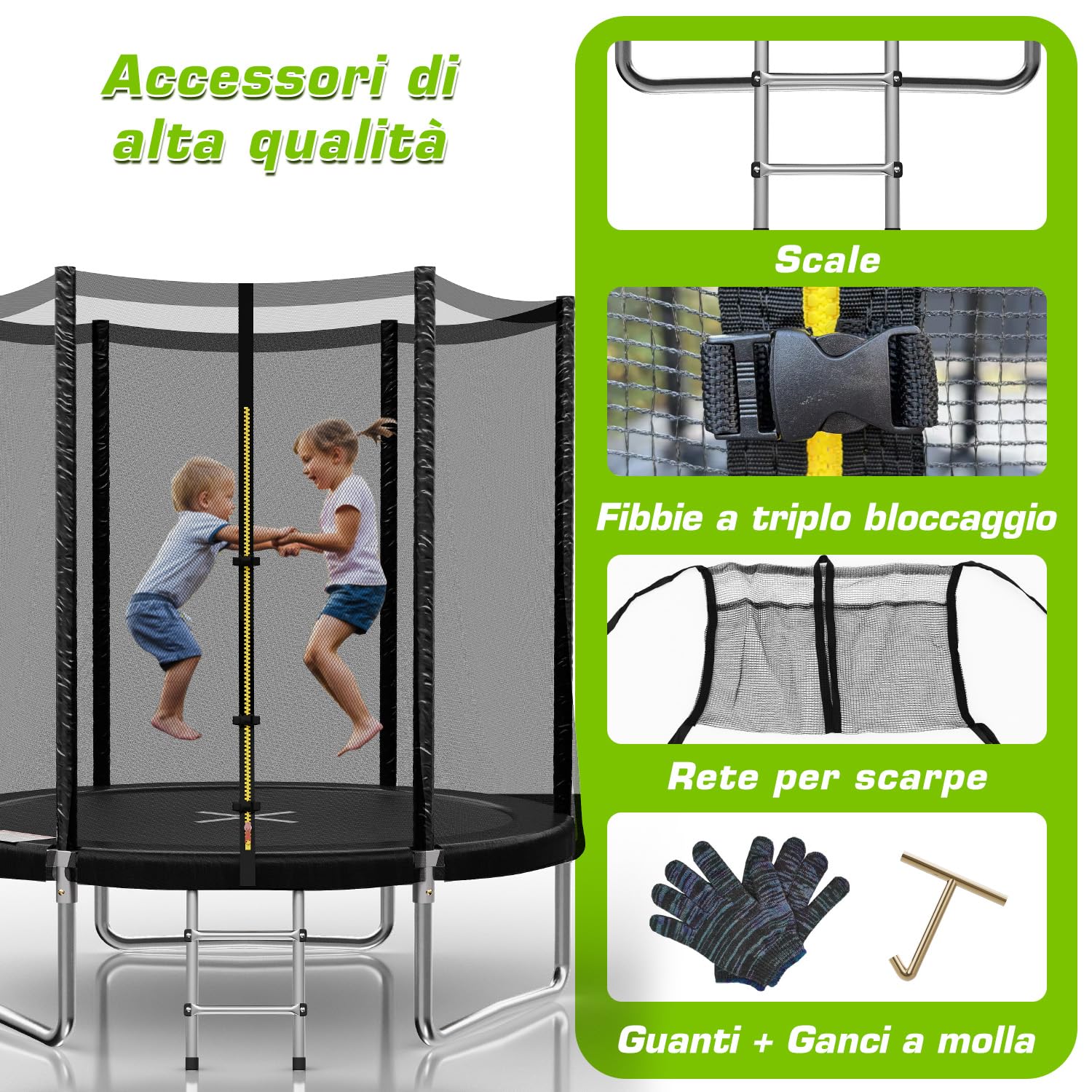 TRIUMPHKEY Trampolino esterno per bambini Ø 183/228/305/366/427 cm, trampolino da giardino, set completo con rete di sicurezza, scala, copertura del bordo, capacità di carico 50-150 kg