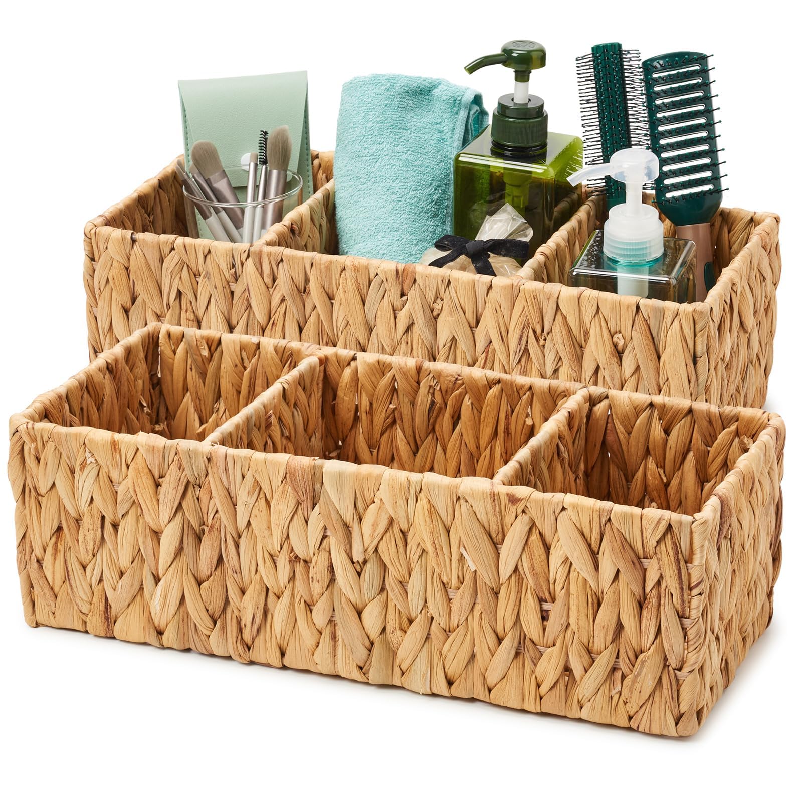 EZOWare Lot de 2 Paniers de Rangement Divisé en Jacinthe d'Eau Tressé, 3 Compartiments Osier Naturel Boîte de Rangement Rectangulaires Pour Chambre d'Enfant, Salle de Bain, Garde Manger