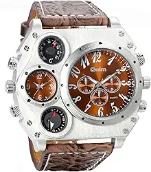 Relógio de pulso masculino com caixa grande, pulseira de couro, fuso horário duplo, analógico de quartzo, termômetro e bússola decorativos