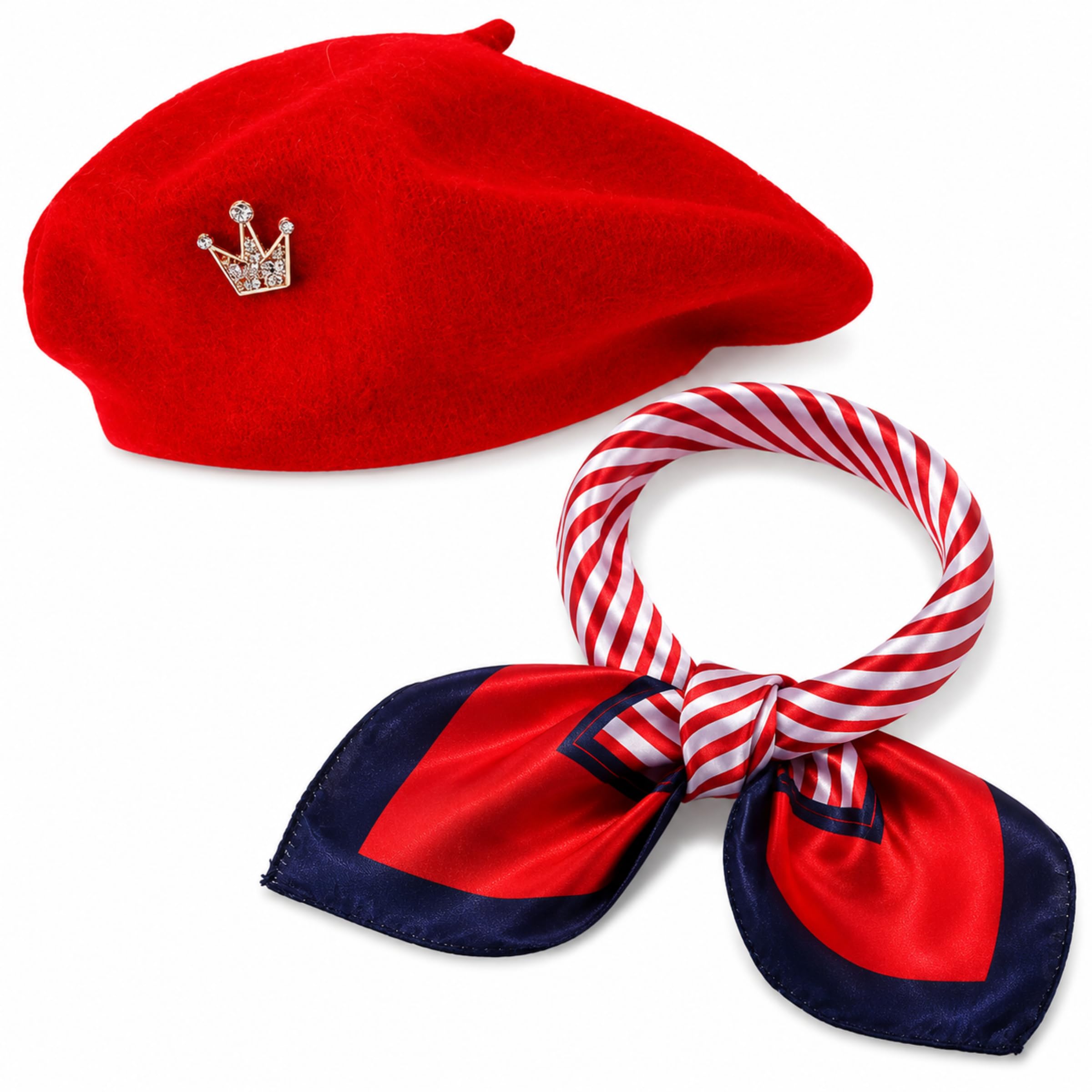 Hsrag 3 Pcs French Beret Hat Set Costume Accessories Wool Beret Silk Scarf Crown Pin for Women Suitable for Themed Party Daily Commute Photoshoot Ideal Gift for Female Friends