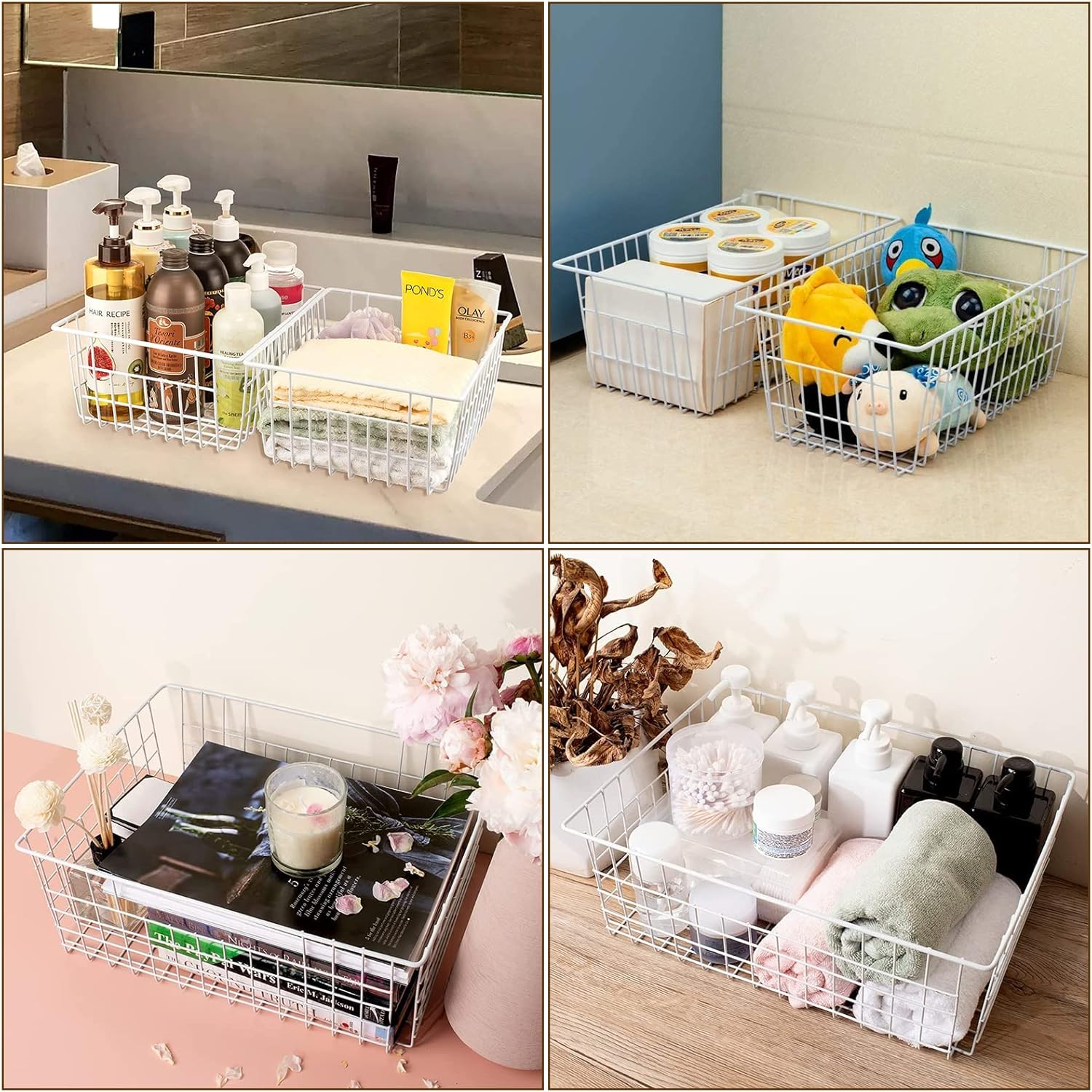 4Pack Freezer Storage Organizer, Deep Refrigerator Wire Household Bins with Built-in Handles, Stackable Freezer Wire Baskets for Chest and Upright Freezer, Cabinet, Pantry, Closet, Bedroom