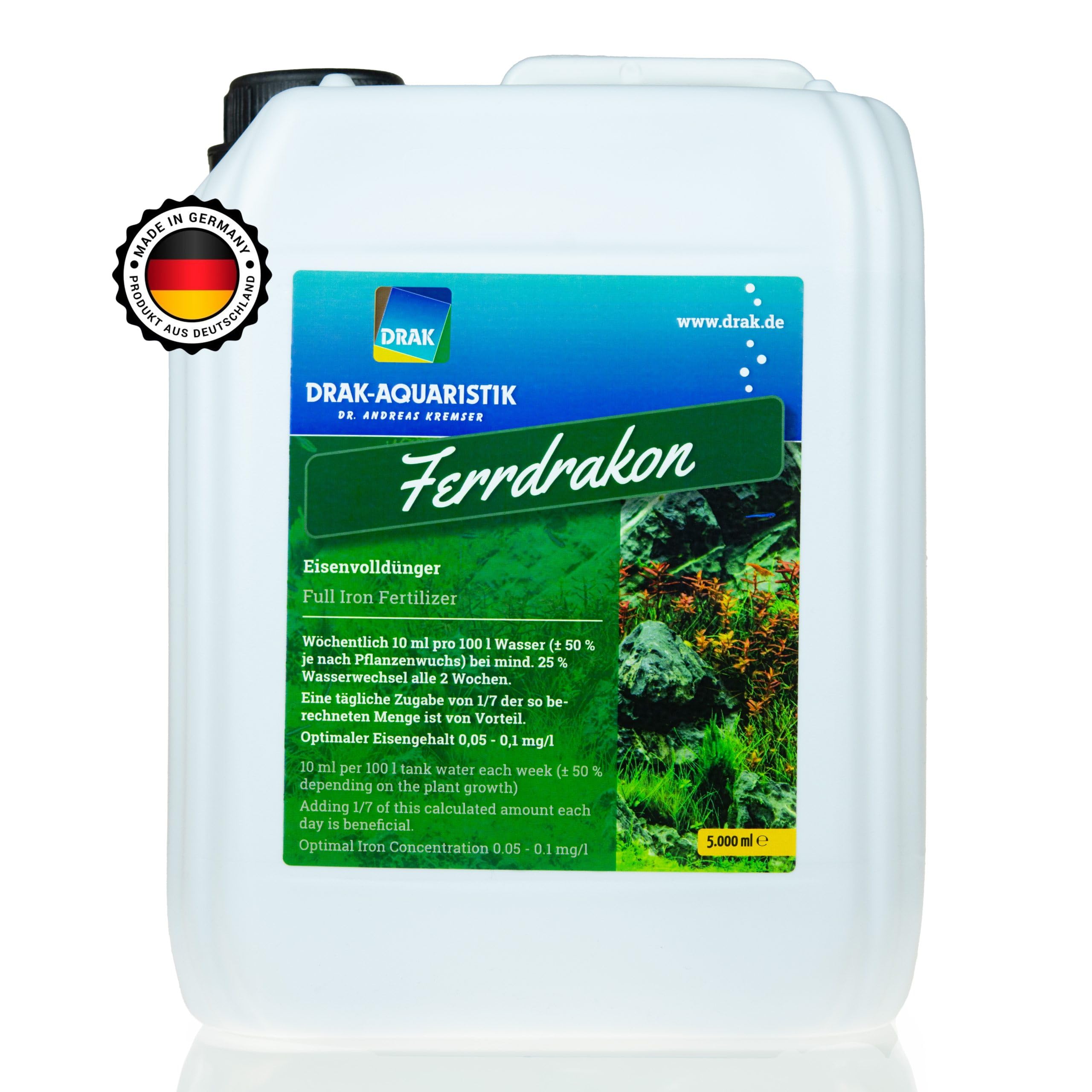 Ferrdrakon Fertiglösung 5,0l Eisendünger Aquarium | Aquarium Pflanzendünger hochkonzentriert | Flüssig Dünger für Intensive Blattfärbung | Basis-Düngung für Aquarienpflanzen Wachstum