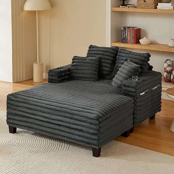 Amsleekey Chaise Lounge Chair Indoor, 64" Oversized Sleeper Chair with Wood Frame, Upholstered Sofa Bed for Living Room, Movie Room, Bedroom with 4 Storage Pockets&2 Cup Holders(Plush Corduroy, Grey)
