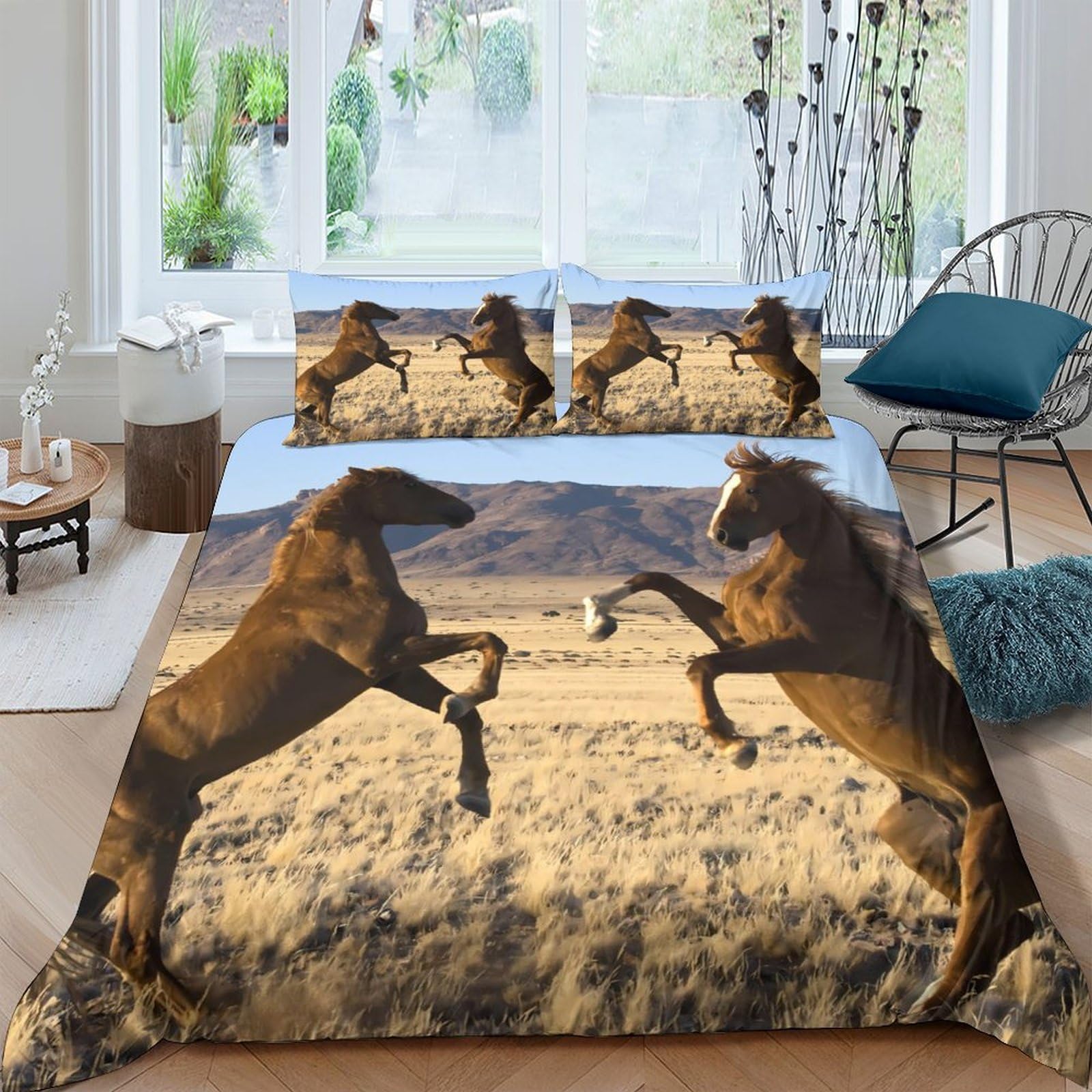 GPLZQXKJNH 3D Printed Wild Horse Duvet Cover Microfiber Soft Nature Prairie Bedding Set with 2 Pillowcases for Bedroom Decor Single（135x200cm）