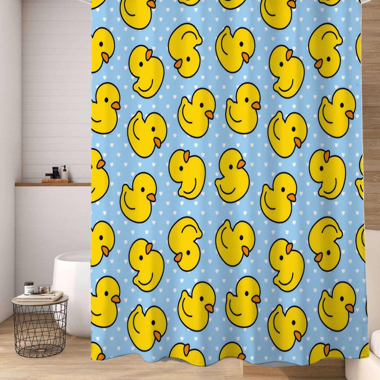 volumoon Zasłona prysznicowa 120 x 180 cm, Zasłony prysznicowe antypleśniowe z poliestru, wzór kaczki, z 12 oczkami i pierścieniami do zawieszenia zasłony prysznicowej, do domu i łazienki hotelowej