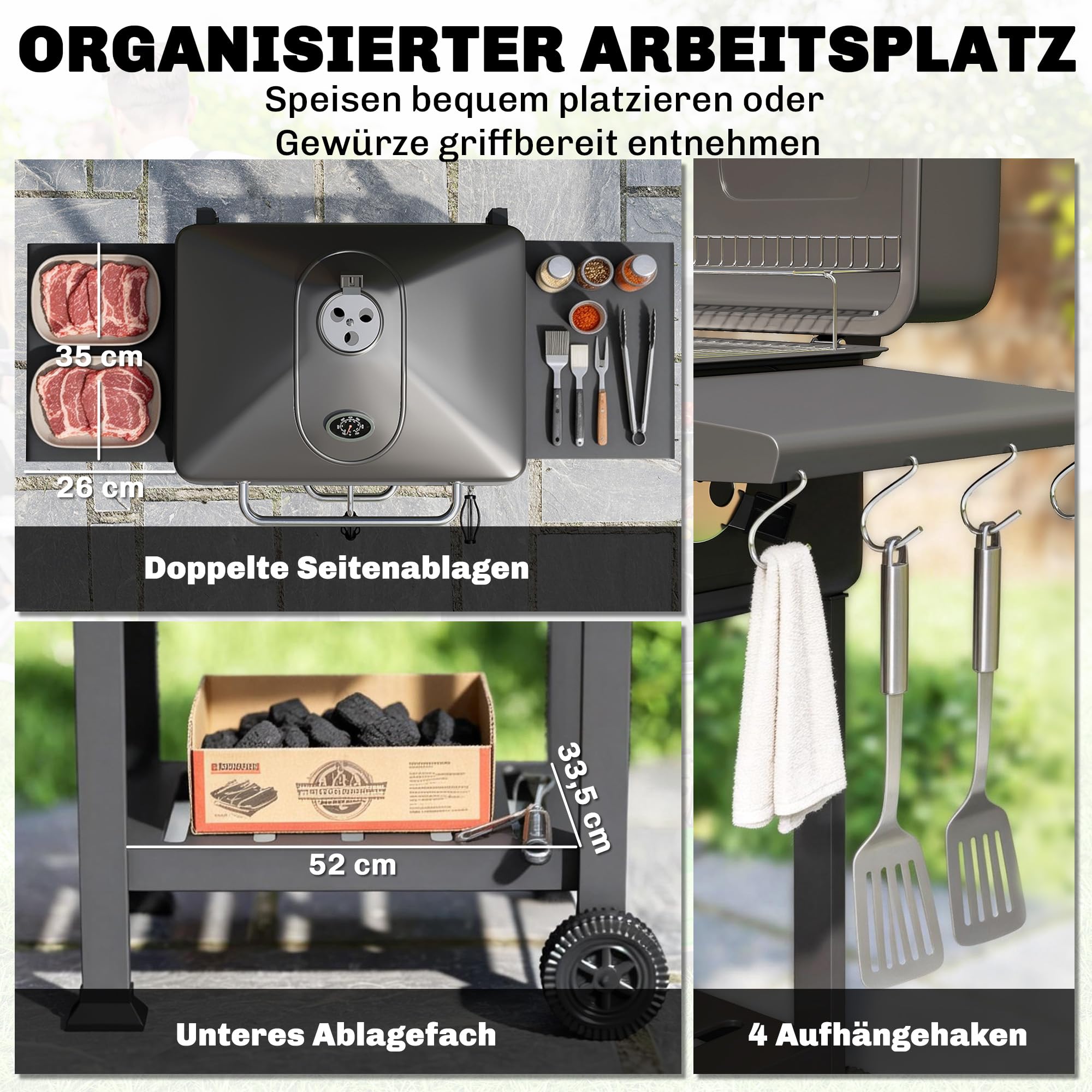 Outsunny Holzkohlegrill BBQ Smoker Deckel Thermometer Grillwagen Räder | Höhenverstellbar Kohlepfanne, Grillrost, Seitentisch, Aschefach, Lüftungsschlitzen, Kohlegrillwagen, Camping Garten
