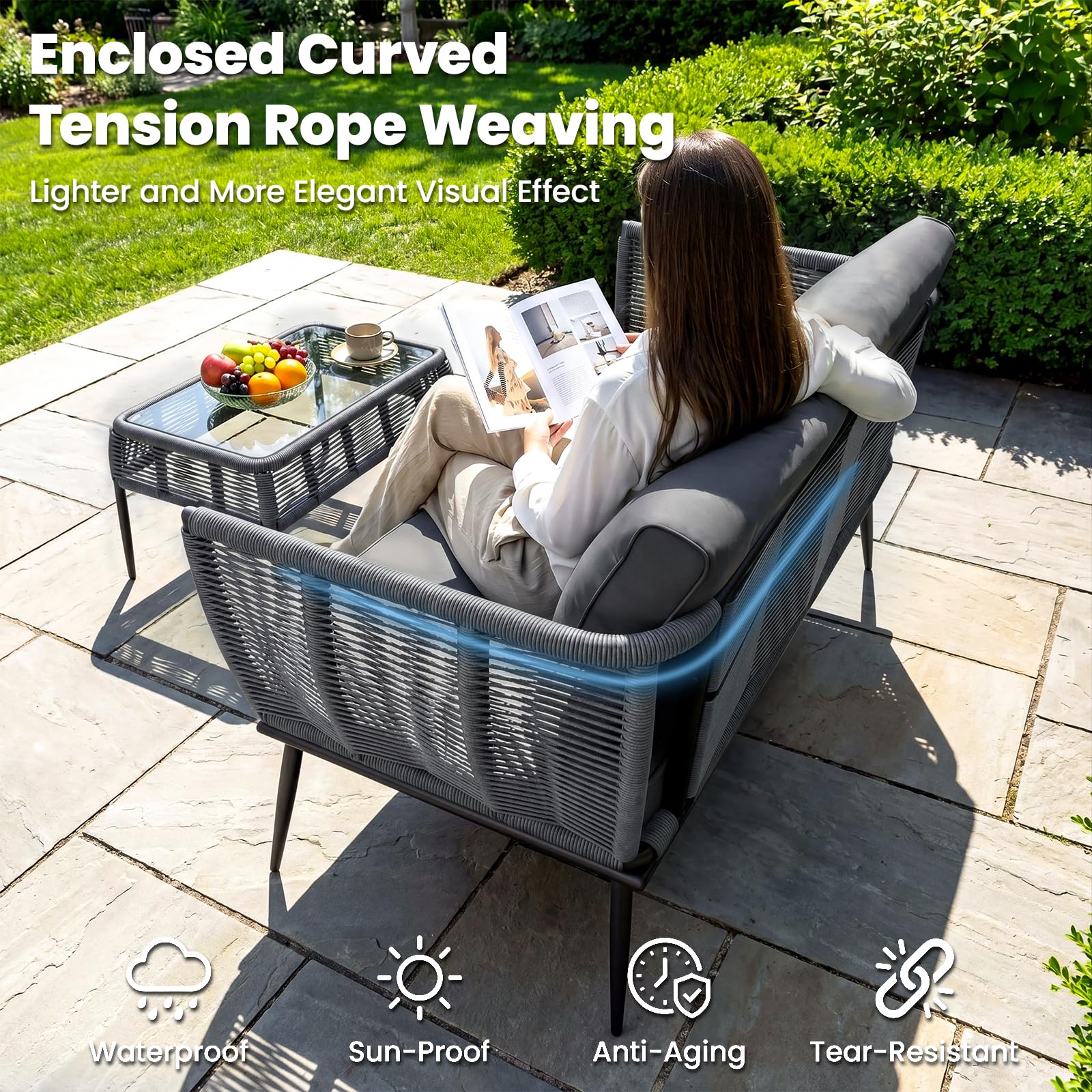LIFERUN Sofá de ratán de 2 plazas, muebles de balcón, gris, sofá, pequeño balcón, jardín de invierno, terraza, muebles de exterior e interior, banco de jardín resistente a la intemperie, banco con