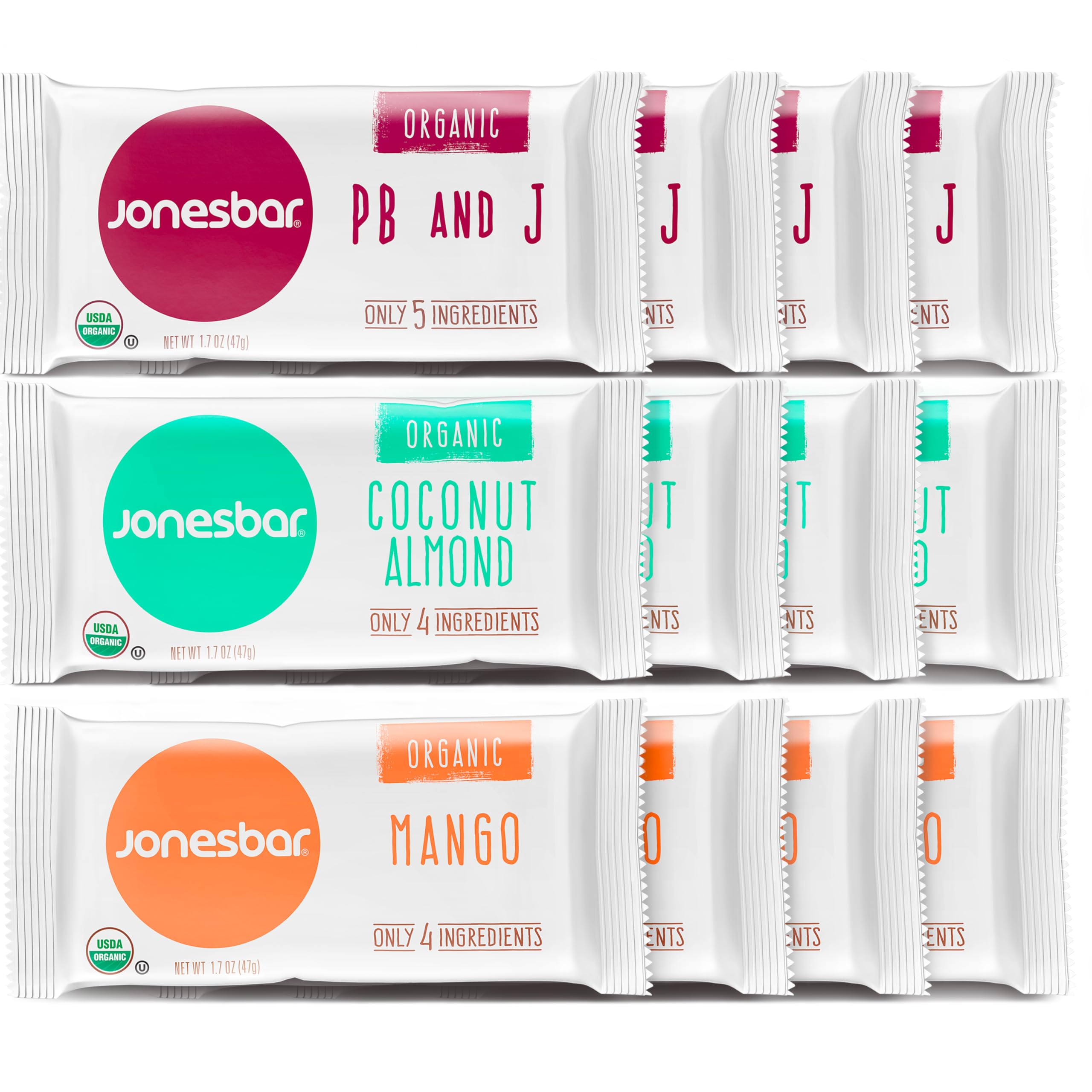 JONESBAR Fruit Lovers (12 Count (Pack of 1)), USDA Organic Fruit & Nut Bar, Non-GMO, Kosher, Vegan, Gluten Free, Simple Snack BarUSDA Organic