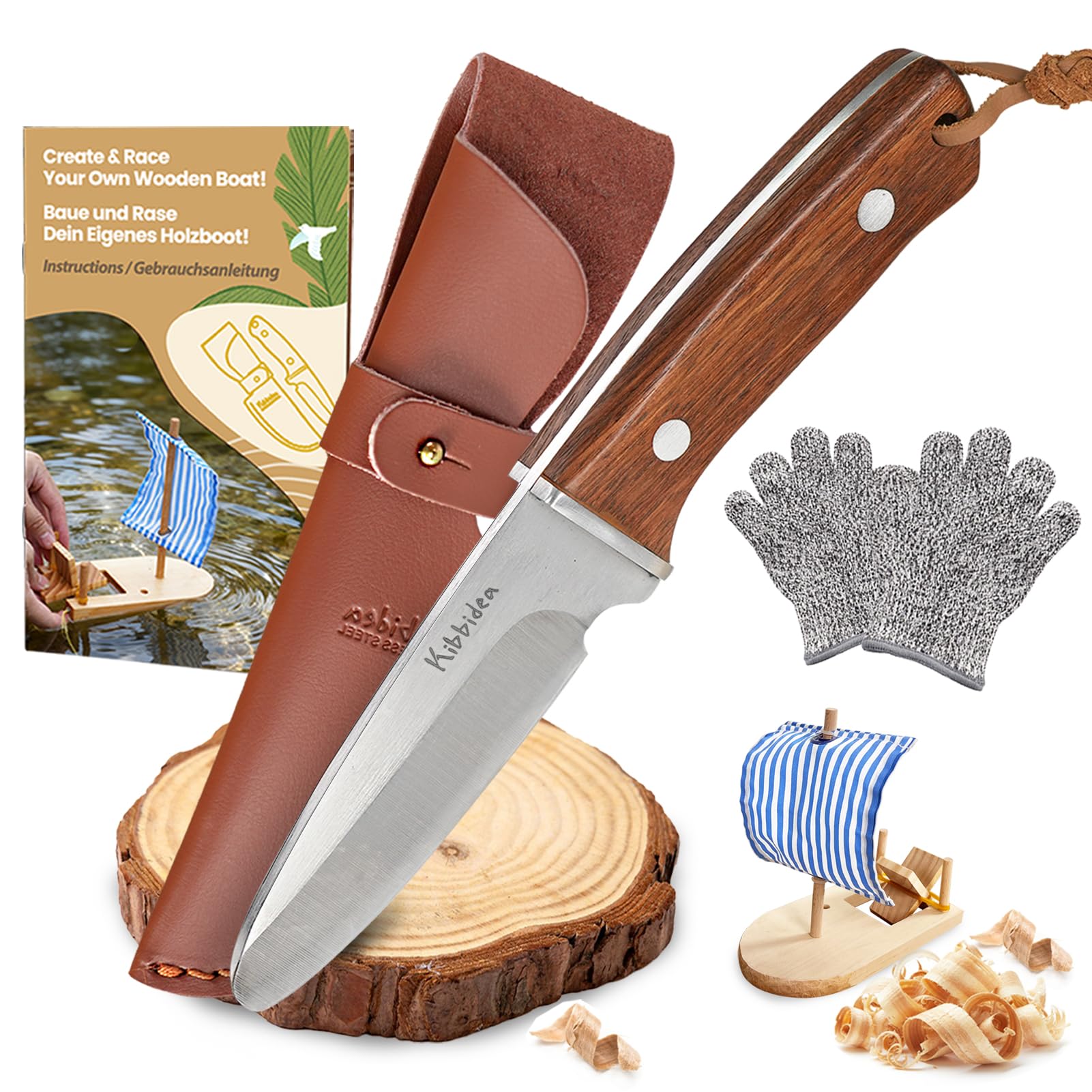 Kibbidea Schnitzmesser für Kinder, Edelstahl, Sicheres Taschenmesser, Lindenholz, Schnitzen-Komplett-Set, Kindermesser, Bastel-Set für Kinder ab 8 Jahre
