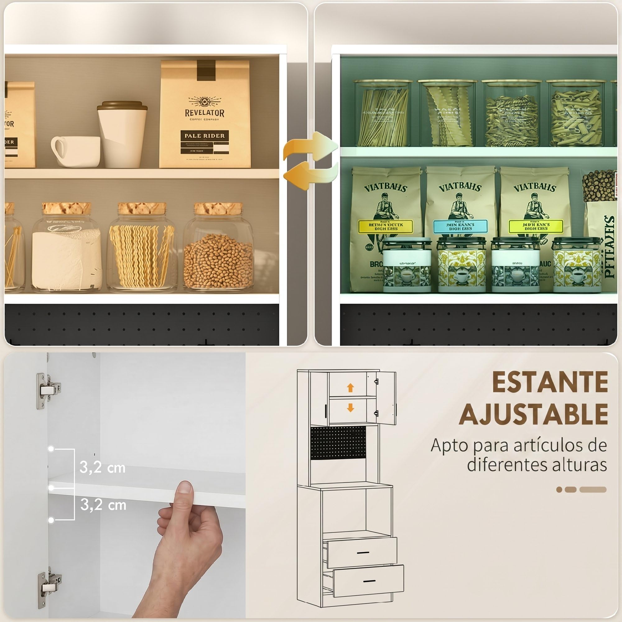 HOMCOM Mueble Auxiliar de Cocina, Aparador de Cocina con Soporte para Microondas, 2 Cajones, 2 Puertas, Estante Ajustable y Panel Perforado de Metal con 4 Ganchos, para Salón, 60x40x170 cm, Blanco