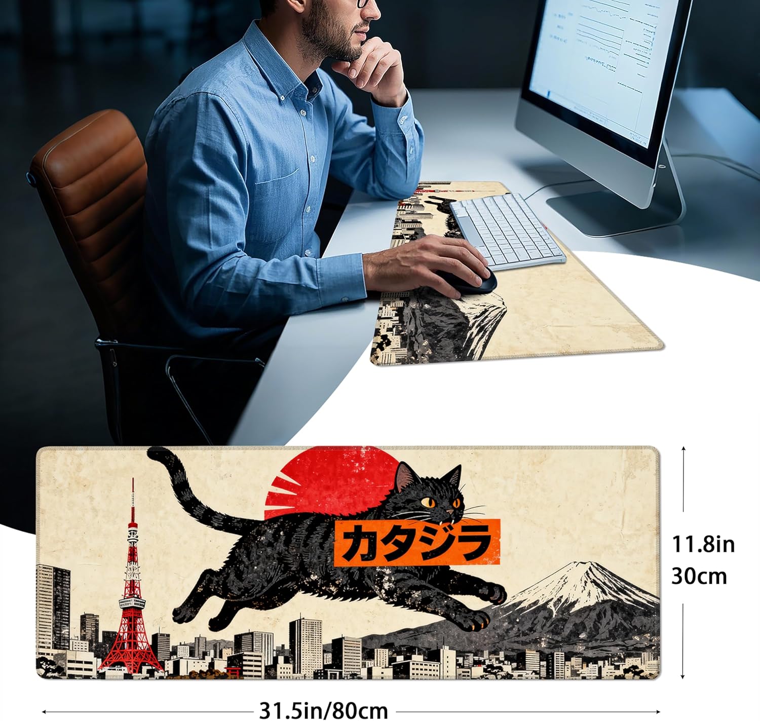 Japanese Retro Style Desk Mat, Giant Black Cat Tokyo Skyline Design, Large Mousepad, Kaiju Theme Gaming Pad, Japanophile Gift (C, 31.5x11.8in)