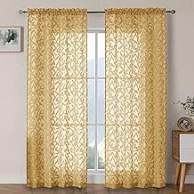 OWENIE Leyna Sheer Gold Curtains 84 Inches Long for Living Room Bedroom 2 Panels Set, Modern Clip Jacquard Leaves Textured Light Filtering Curtains, Double Rod Pockets Window Drapes, 40Wx84L Inch