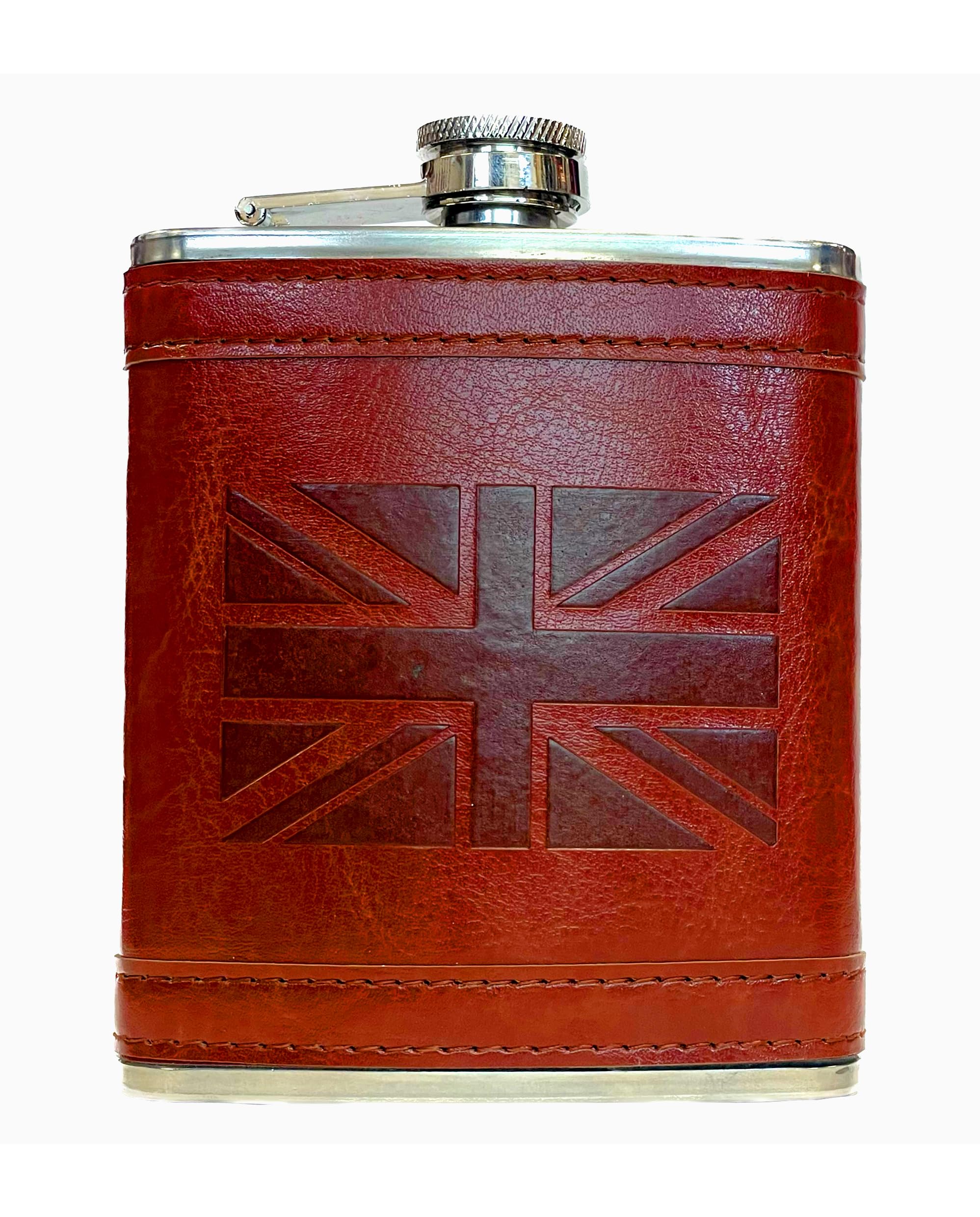 LILAJ Stainless Steel Hip Flask with Union Jack PU Leather Cover, Portable Pocket Flagon for Whiskey Lovers, Hiking, Barbeque, Party, Camping, Souvenir Gift for Men and Women 7oz
