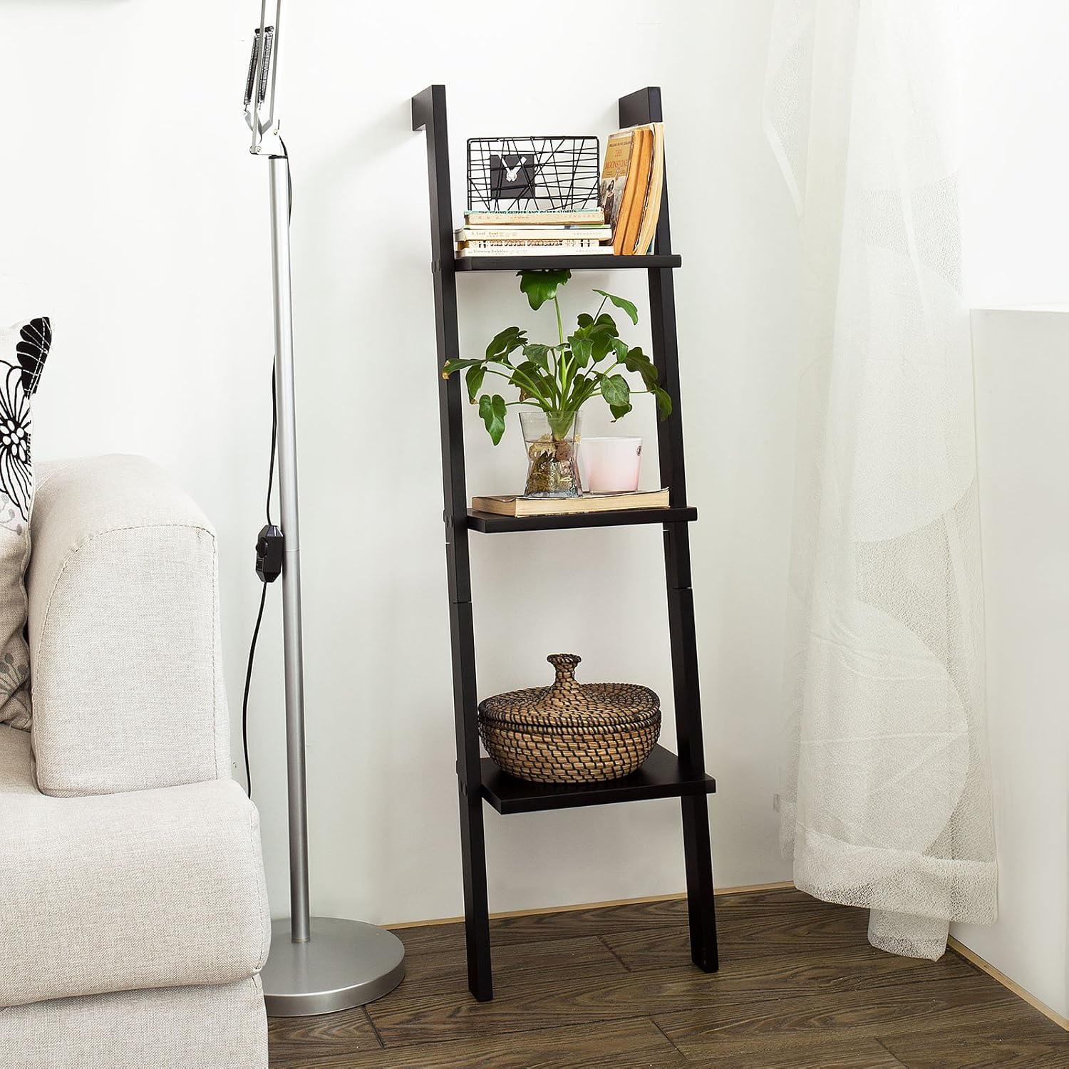 SoBuy® FRG32SCH, Black Modern 3 Tiers Ladder Shelf Wall Shelf, Storage Display Shelving Stand