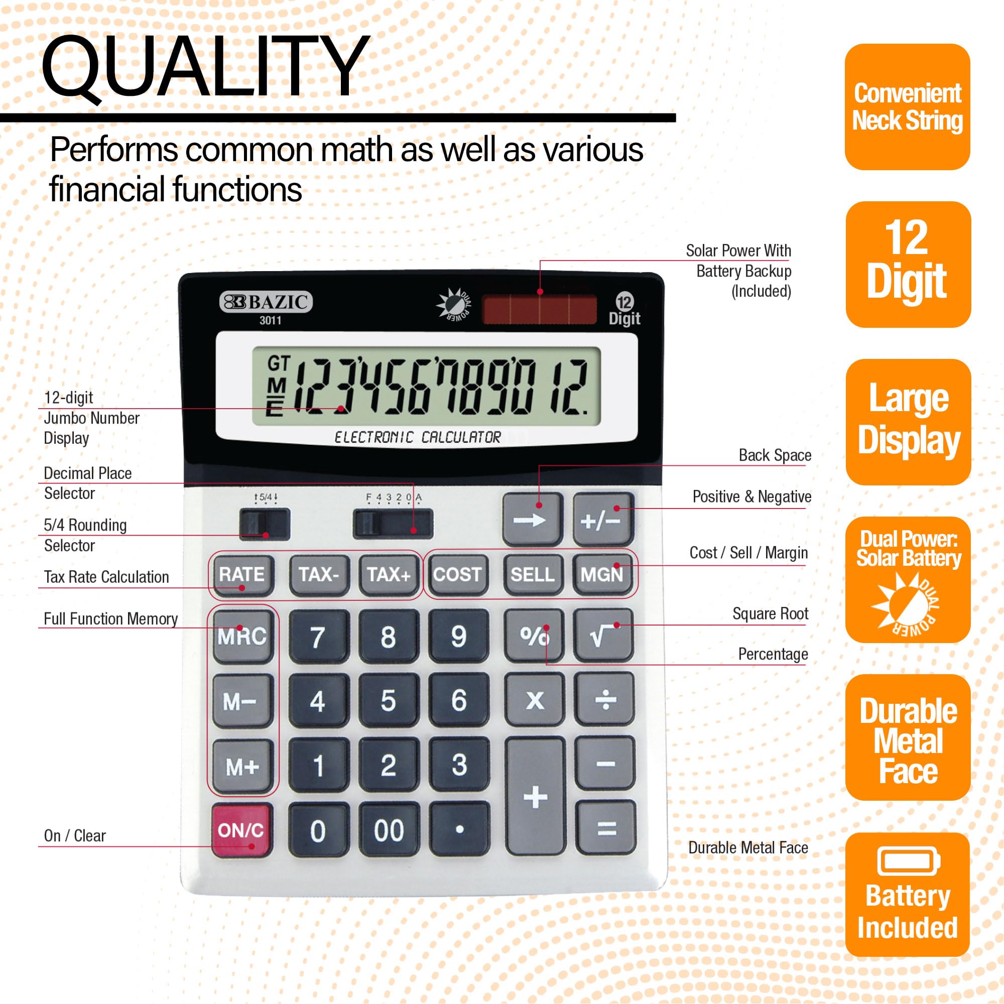 Bazic 12 dígitos calculadora de sobremesa con Beneficios cálculo y Funciones de impuestos (3011)