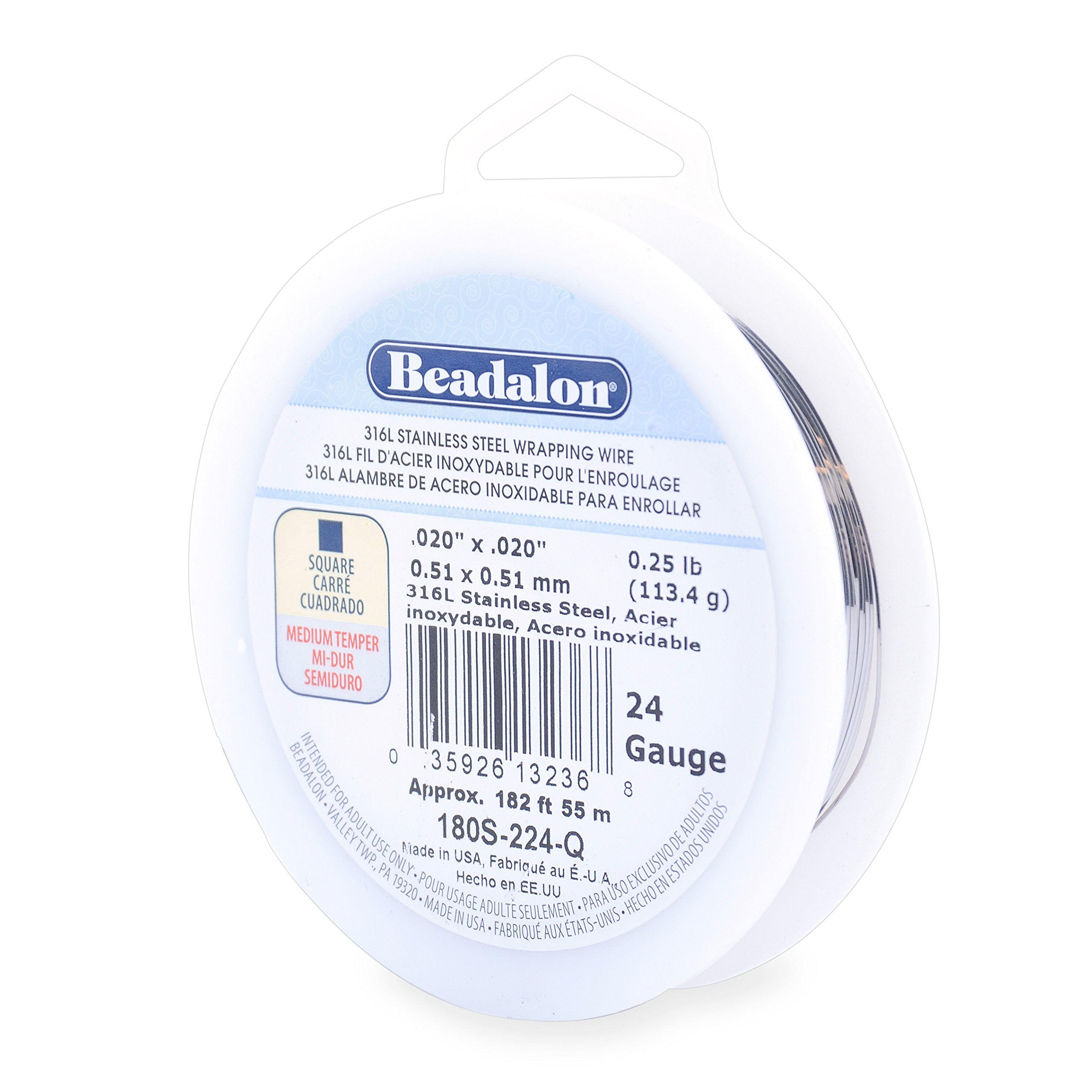 Beadalon Filo di Acciaio Inossidabile 316L, Metri, Quadrato, 24 Gauge, 182 Feet, 1/1,8 Kilogram