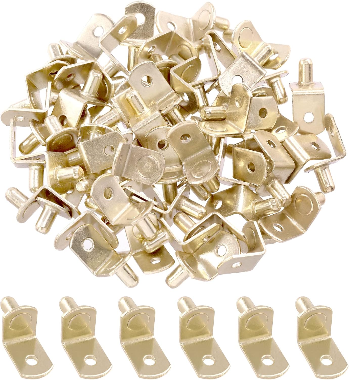 60Pcs 0.24” Gold Plated Steel L-Shelf Support Pegs with Hole Kit, L-Shaped Bracket Cabinet Shelf Support Pegs Shelf Pins Support Assortment for Shelf Holes, Bookshelf (Gold)