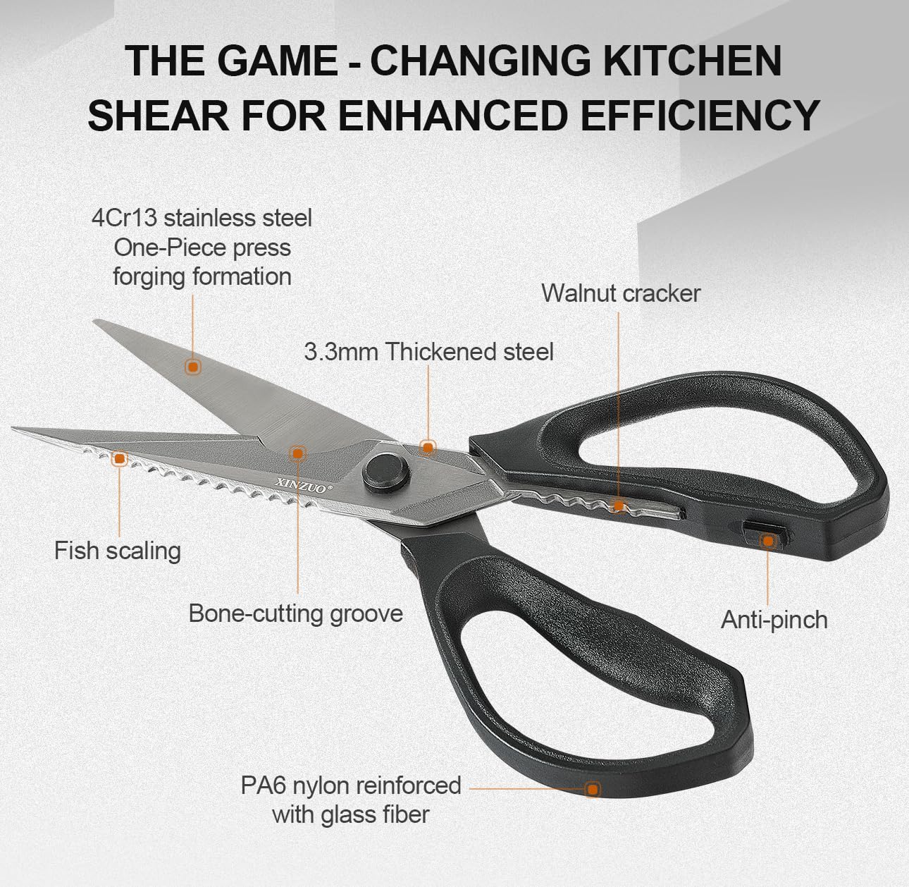 XINZUO Forbici da Cucina Professionali Acciaio Inox Rivestite in Titanio Nero Manico Antiscivolo