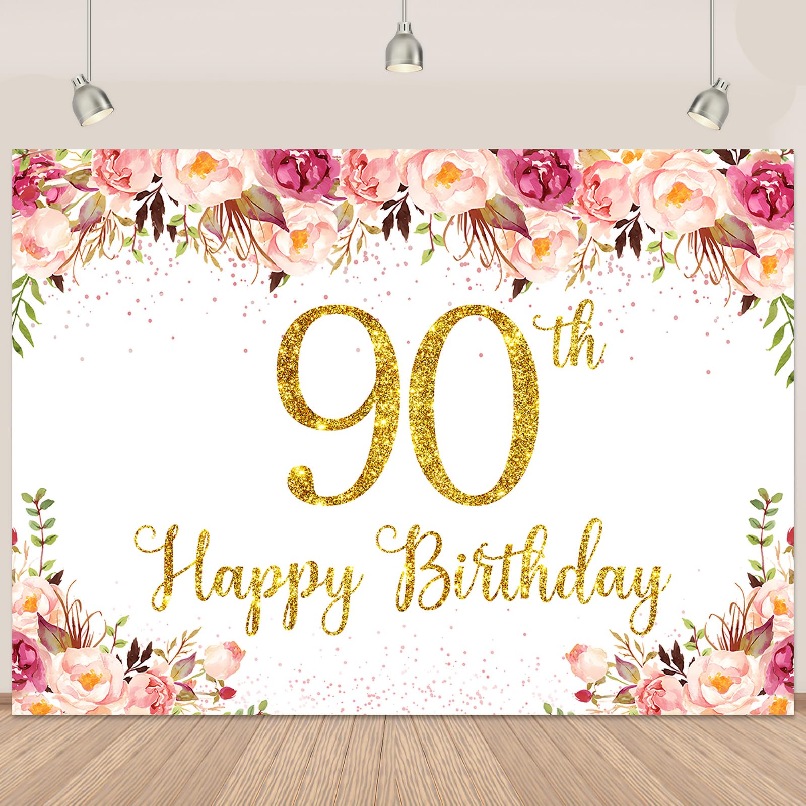 Happy 90th Birthday Banner for Women Pink 90th Birthday Decorations for Women Birthday Party Floral Rose Gold Photography Background Banner 5.9X3.9Ft(