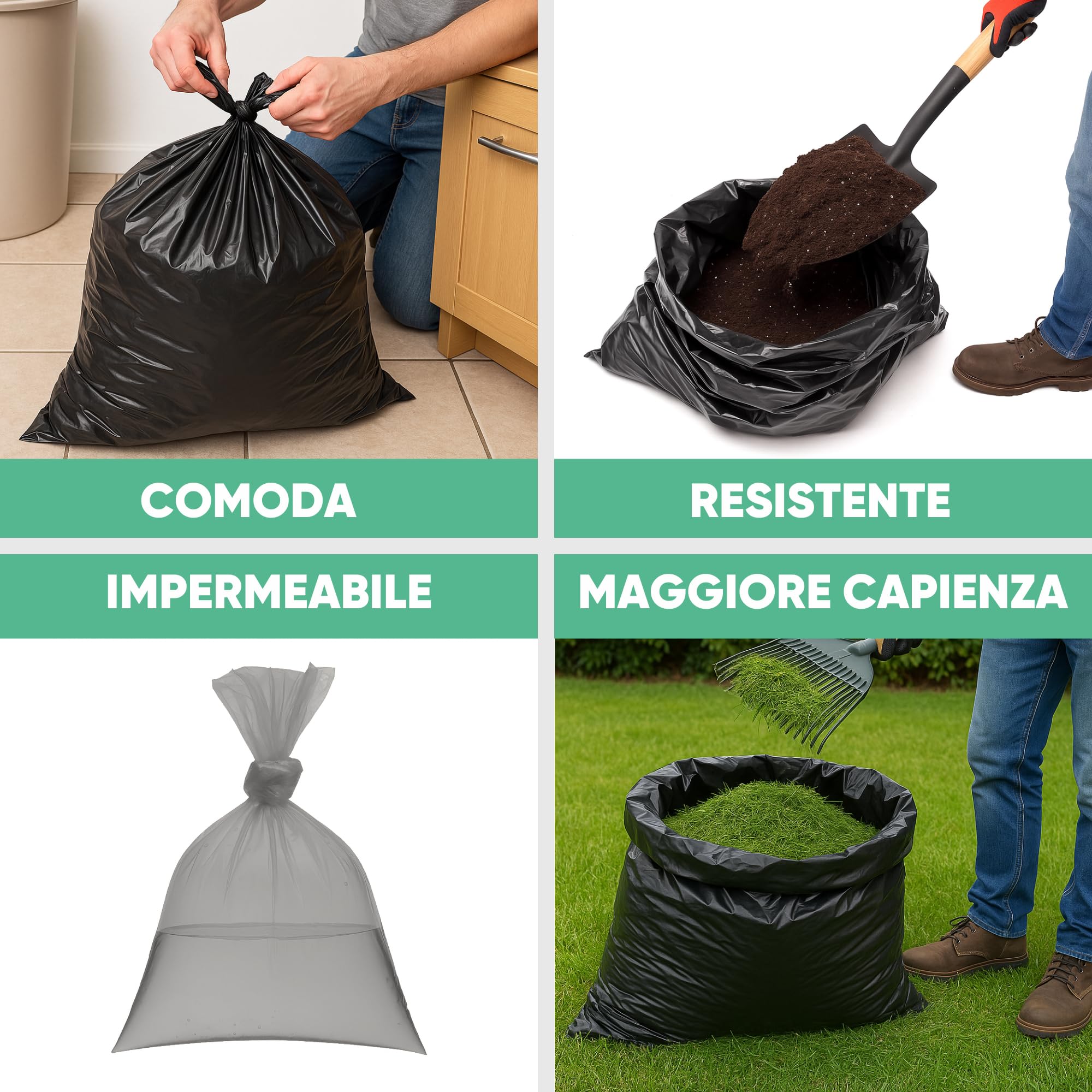 500 Buste Spazzatura per Indifferenziata - Resistenti, Antigoccia e con Grammatura Media - Multipack per Uso Domestico, Ufficio e Attività Commerciali - Nero, 50x70