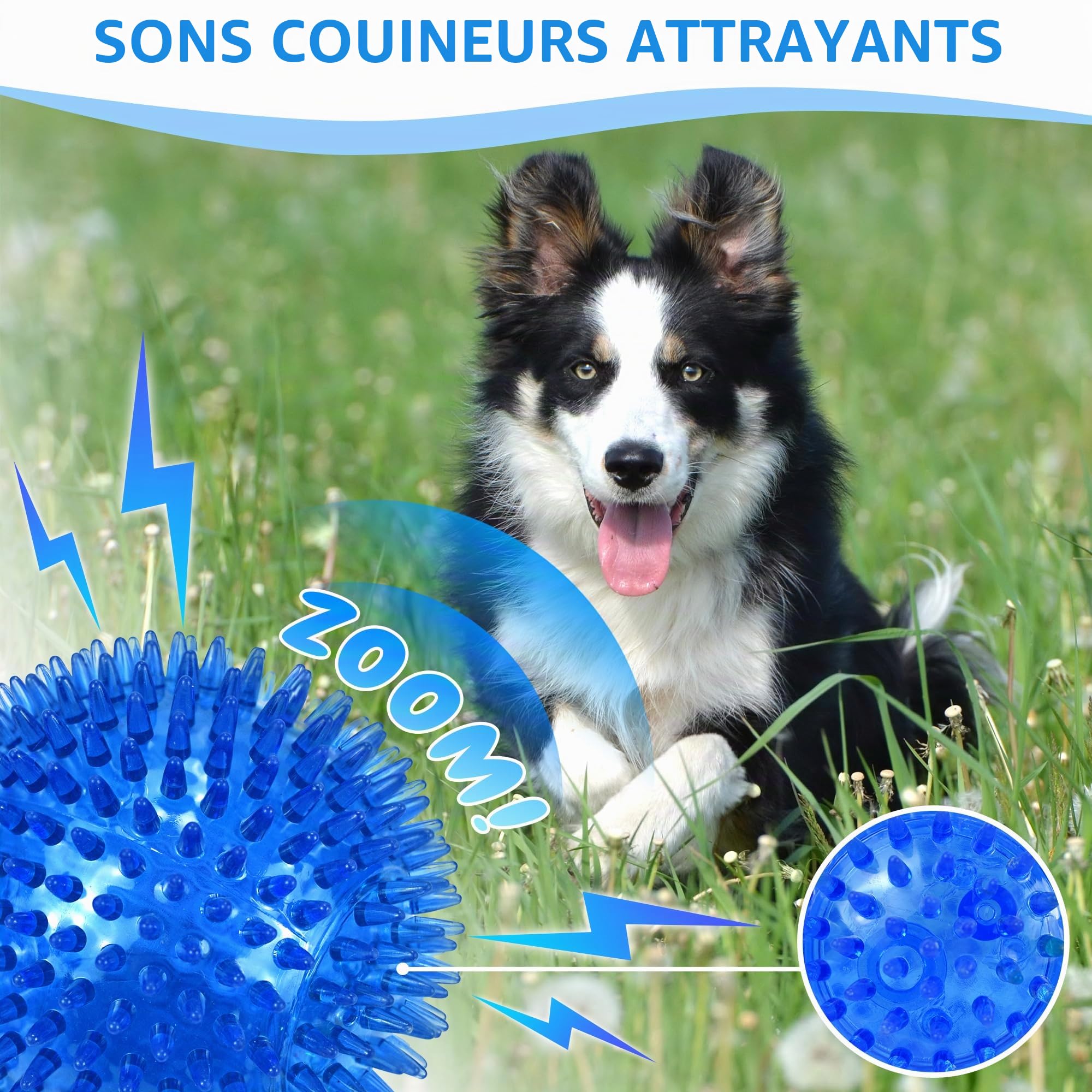 LECHONG Lot de 4 Grandes balles couinantes pour Chiens, 12 cm balles piquées résistantes, Jouet à mâcher pour Mastication Agressive, Nettoyage Dentaire et entraînement