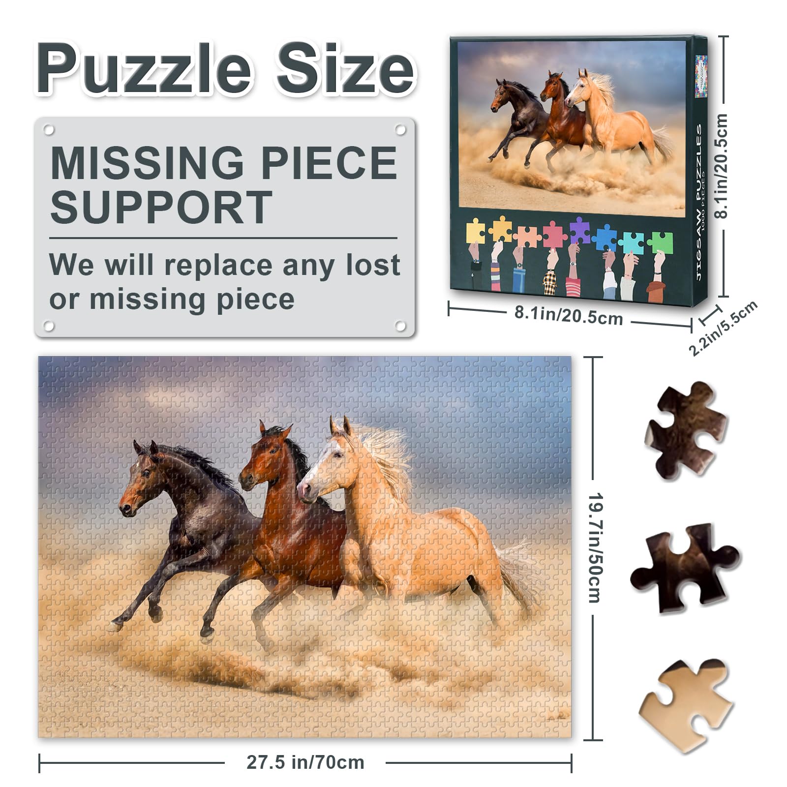 Jigsaw Puzzle 1000 Pieces Running Horses Modern Canvas Painting Desert Wall Art for Adults Challenging Puzzle Game Living Room Decor Animal Picture 27.5 x 19.7 Inches - Image 3