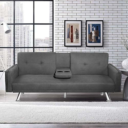 AWQM Sofá cama de futón tapizado moderno convertible y tapizado patas de metal y 2 portavasos cojín de espuma viscoelástica muebles de sala de estar