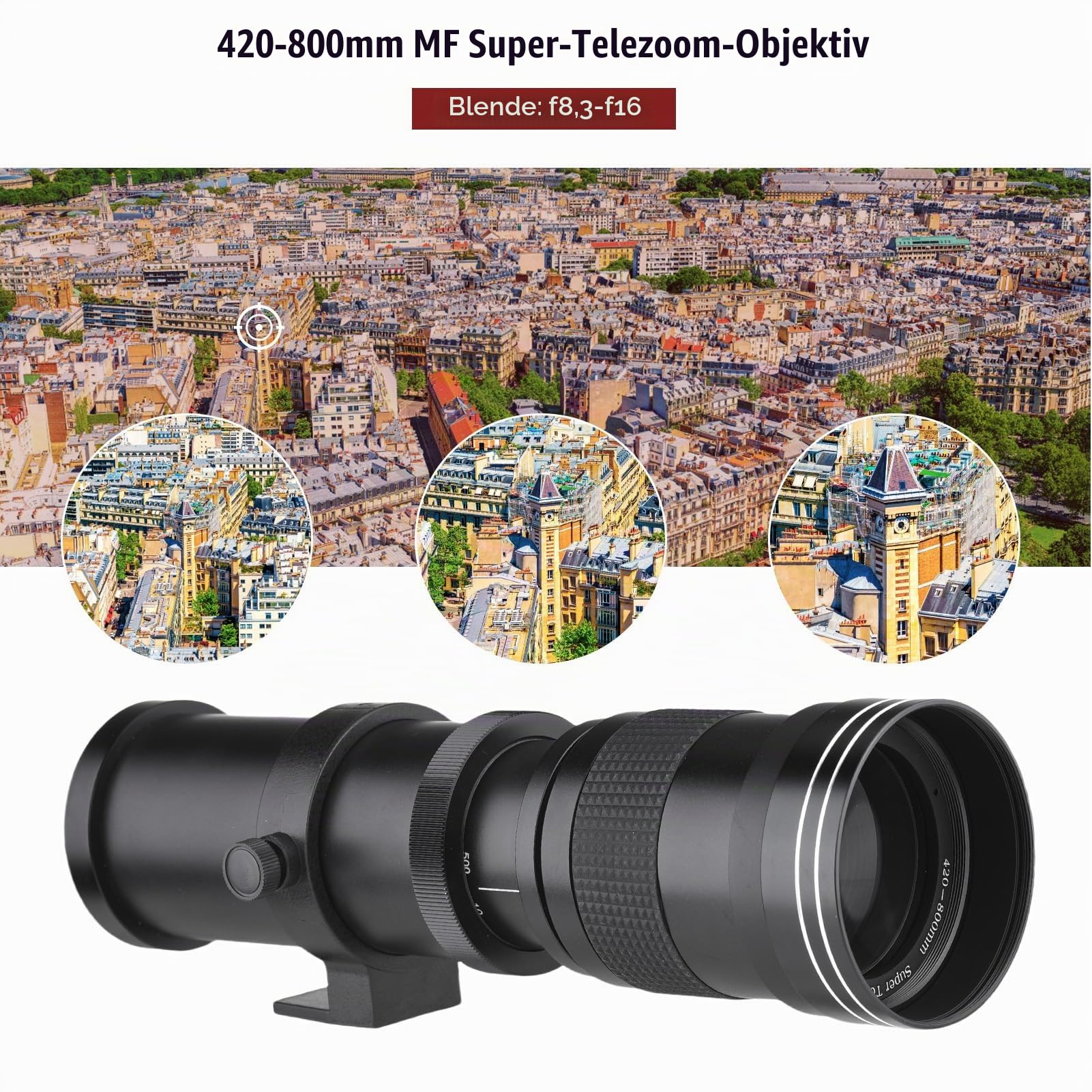 Andoer Kamera-MF-Supertelezoomobjektiv F/8.3-16 420–800 mm T-Mount Universal-1/4-Gewinde Ersatz-Vollformat-Superteleobjektiv Passend für EF/EF-S-Kameras