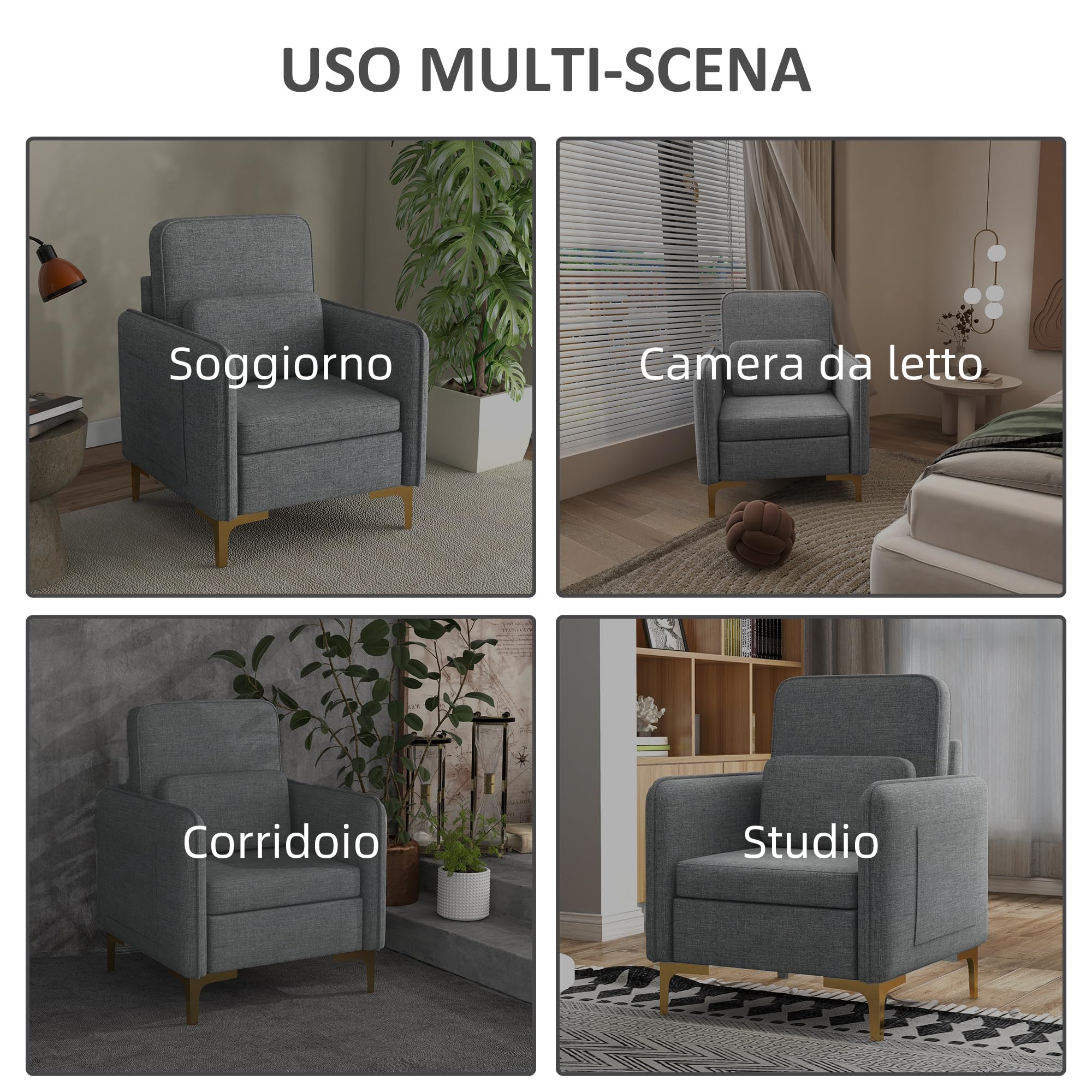 HOMCOM Poltroncina Moderna con Tessuto Effetto Lino, Gambe in Acciaio e Tasche Laterali, 72x72x90cm, Grigio