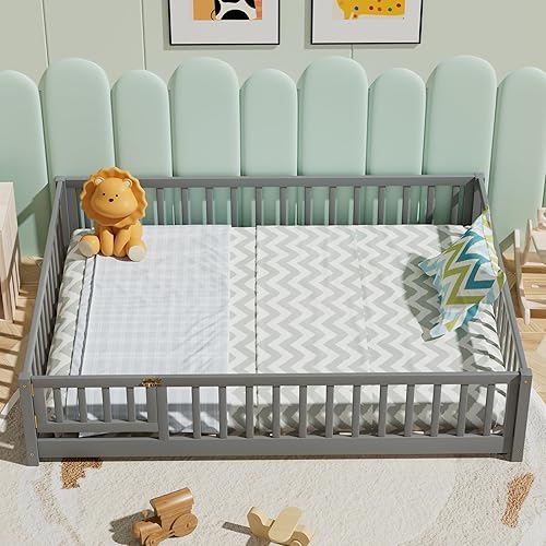 Miniatura 22 de Marco de cama Montessori de madera de tamaño individual con listones de madera, valla y puerta para niños, niñas y niños, espresso (con listones de