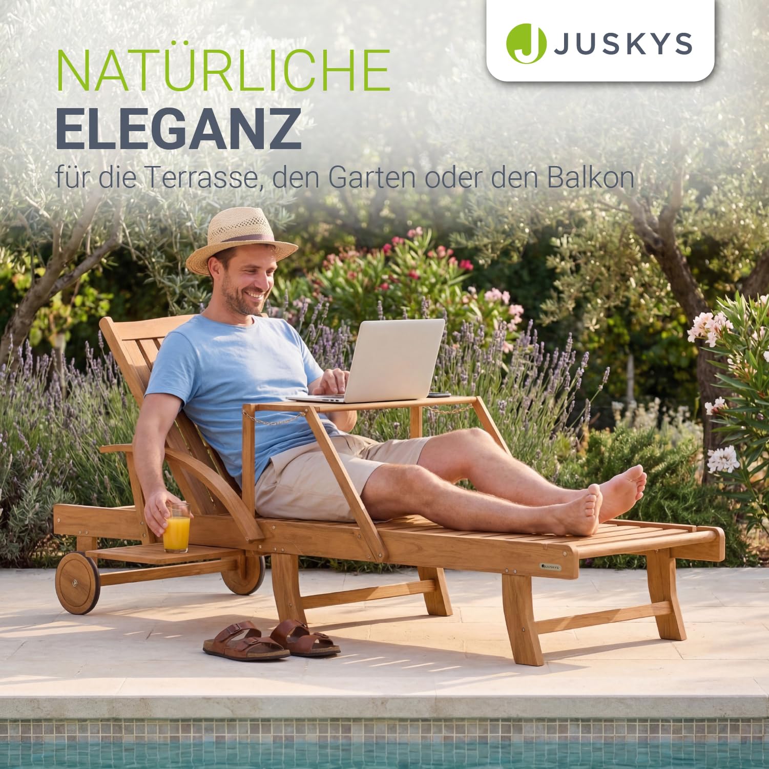 Juskys® Sonnenliege SunScape - Natur, Akazie mit verstellbarem Tisch & Beinablage, Stabil & Langlebig, 196x73x30 cm