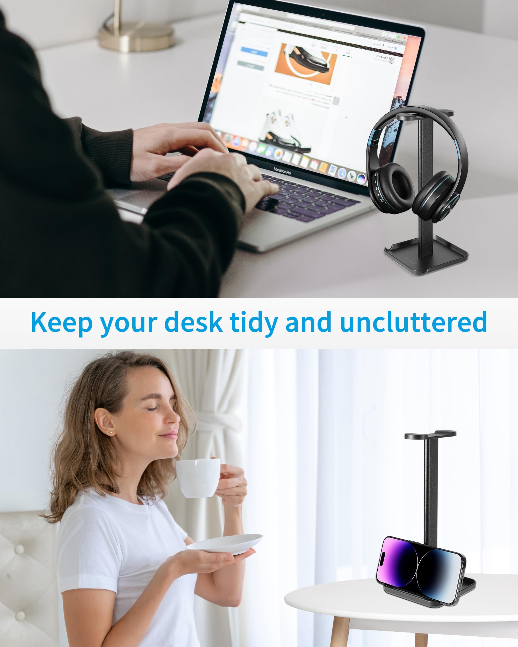 2-in-1 Aluminum Headphone Stand & Phone Holder Rack - Sleek, Sturdy & Ergonomic Design Gaming Headset Stand for Desk Organization - Gamer Gifts (Black)