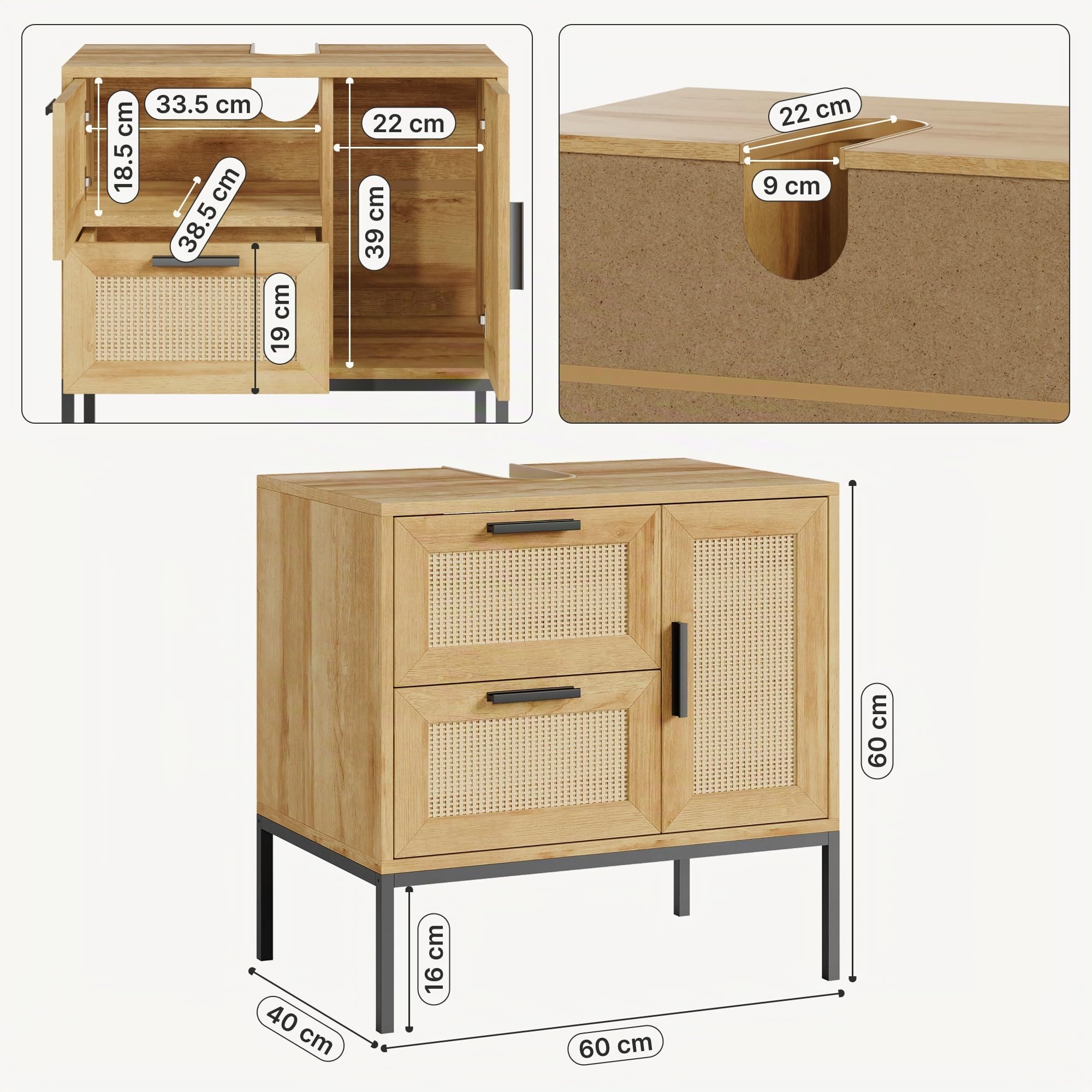 [en.casa] Meuble sous Lavabo avec 1 Porte et 2 Tiroirs avec Façade Effet Rotin Décoratif Structure Stable Métal Panneau de Particules Salle de Bain Toilette Buanderie 60 x 60 x 40 cm Effet Chêne Noir