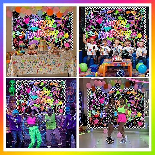 Miniatura 4 de Lofaris Fondo de feliz cumpleaños para fiesta que brilla en la oscuridad, fondo de fotografía de graffiti con salpicaduras de neón, suministros de