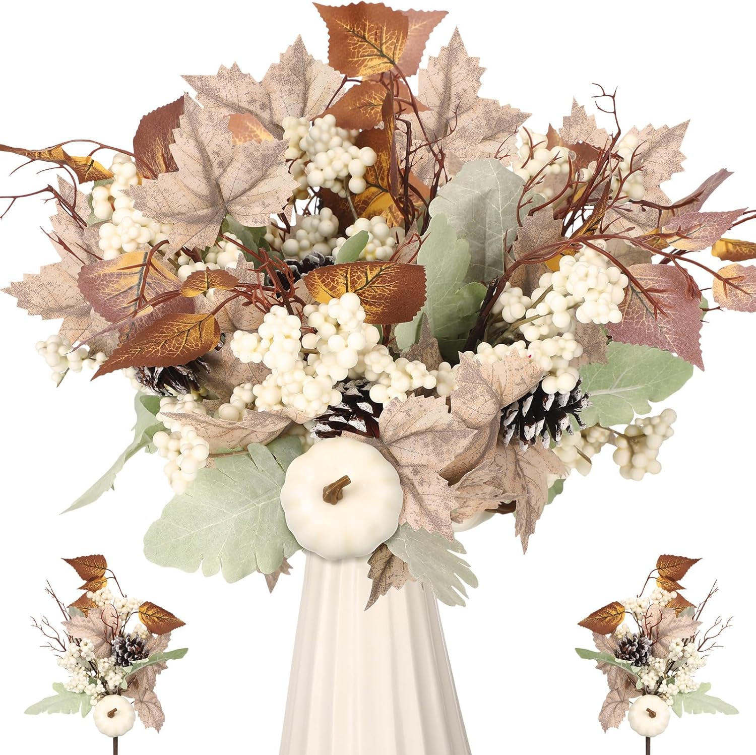 Wavwavw 6 Pcs Thanksgiving Centerpiece for Table Thanksgiving Picks and Sprays Artificial Neutral Maple Leaves Branches 14 Inches Fall Fake Pumpkin for Harvest Decoration