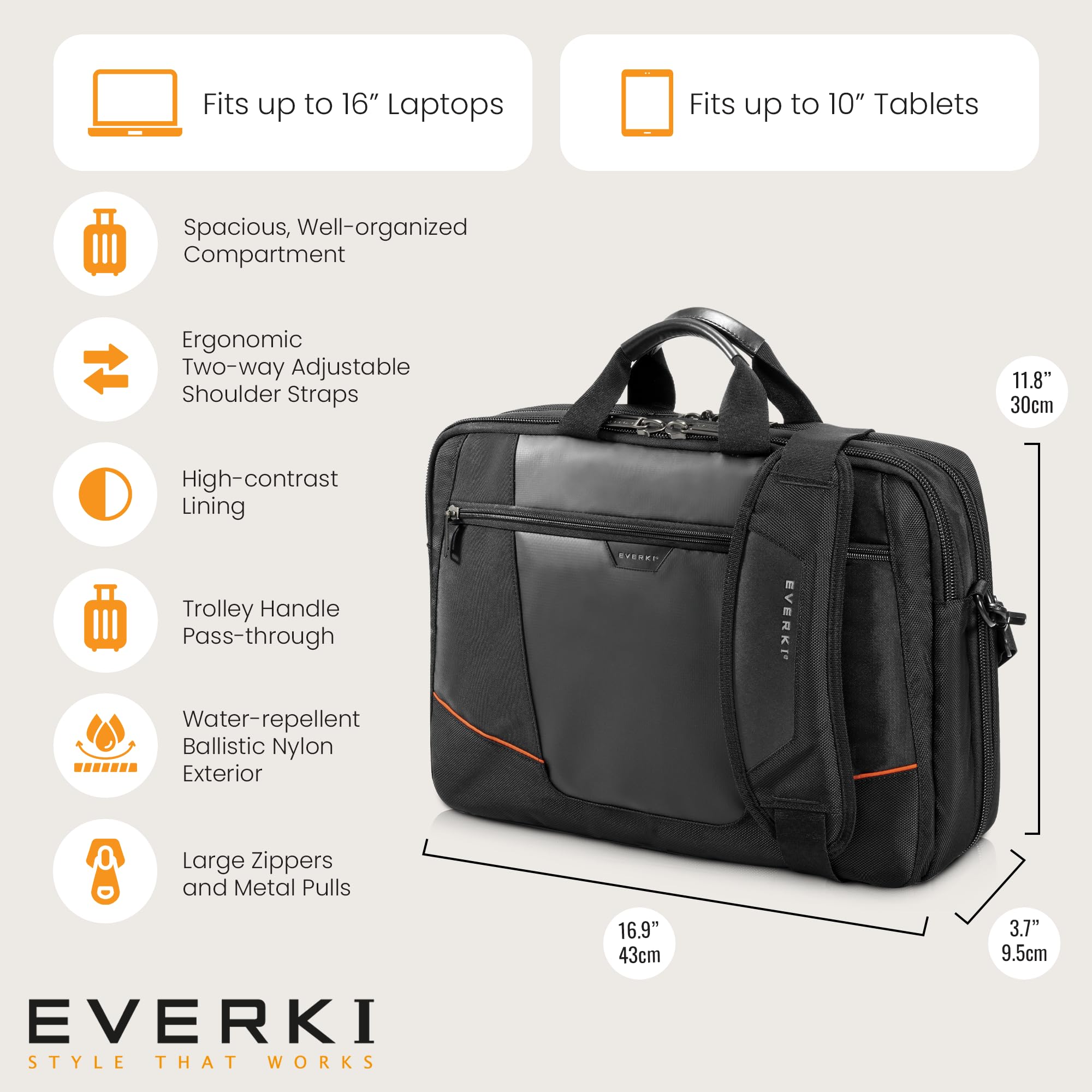 EVERKI Flight EKB419 - Borsa per Laptop da 16", Confort e Organizzazione, Design Pratico e Leggero, Ideale per Viaggi d'Affari