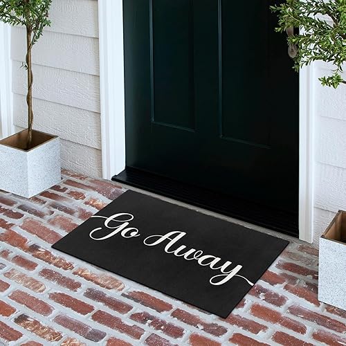 Miniatura 7 de Tapete para puerta con texto en inglés Go Away, de 17 x 30 pulgadas, divertido tapete de bienvenida negro decorativo para el hogar, parte trasera de